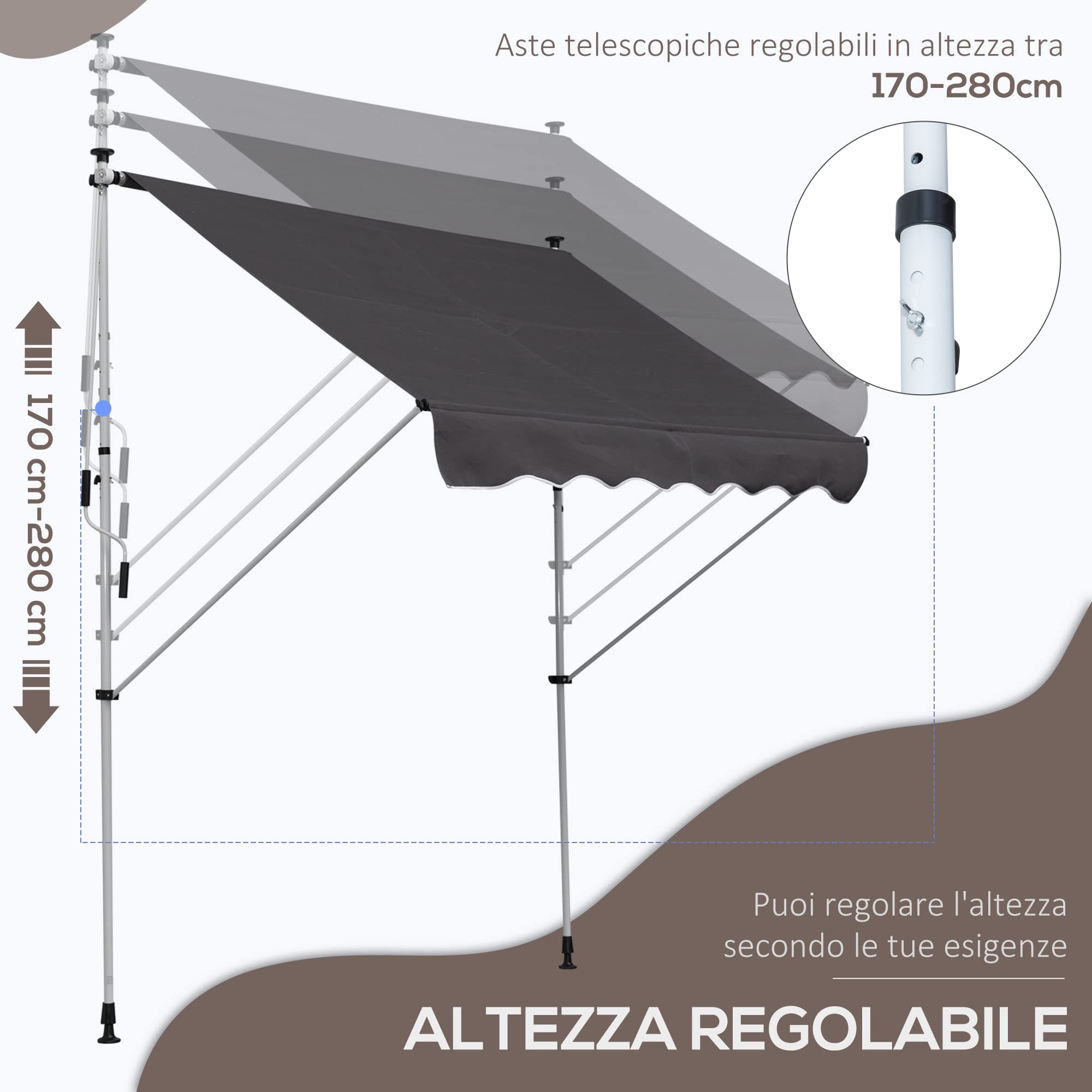 Outsunny Tenda da Sole per Esterno 2x1.5 m per Esterno a Rullo con Manovella, Telaio Telescopico e Angolazione Regolabile, Grigio