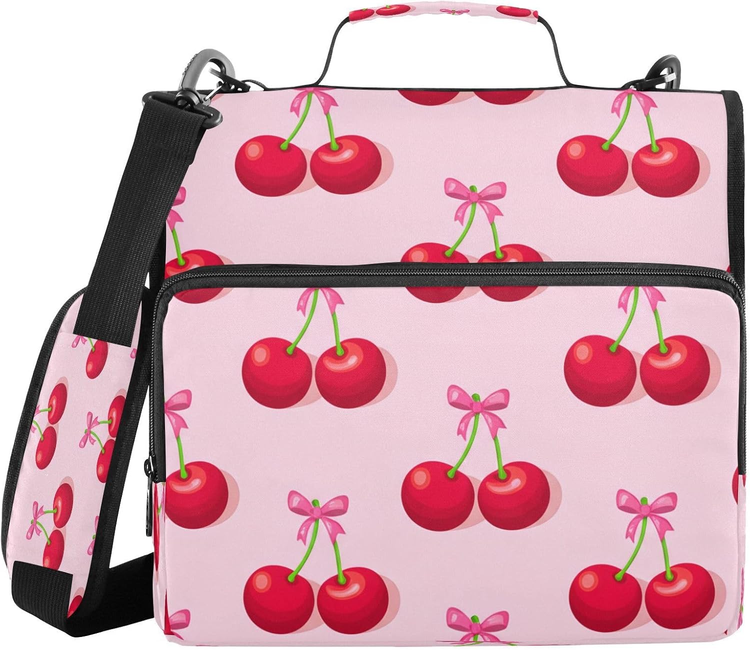 Hezely 蝶結び付きチェリー3リングバインダー ファスナー付き 拡張ファイルフォルダー ショルダーストラップとハンドル 500ペ