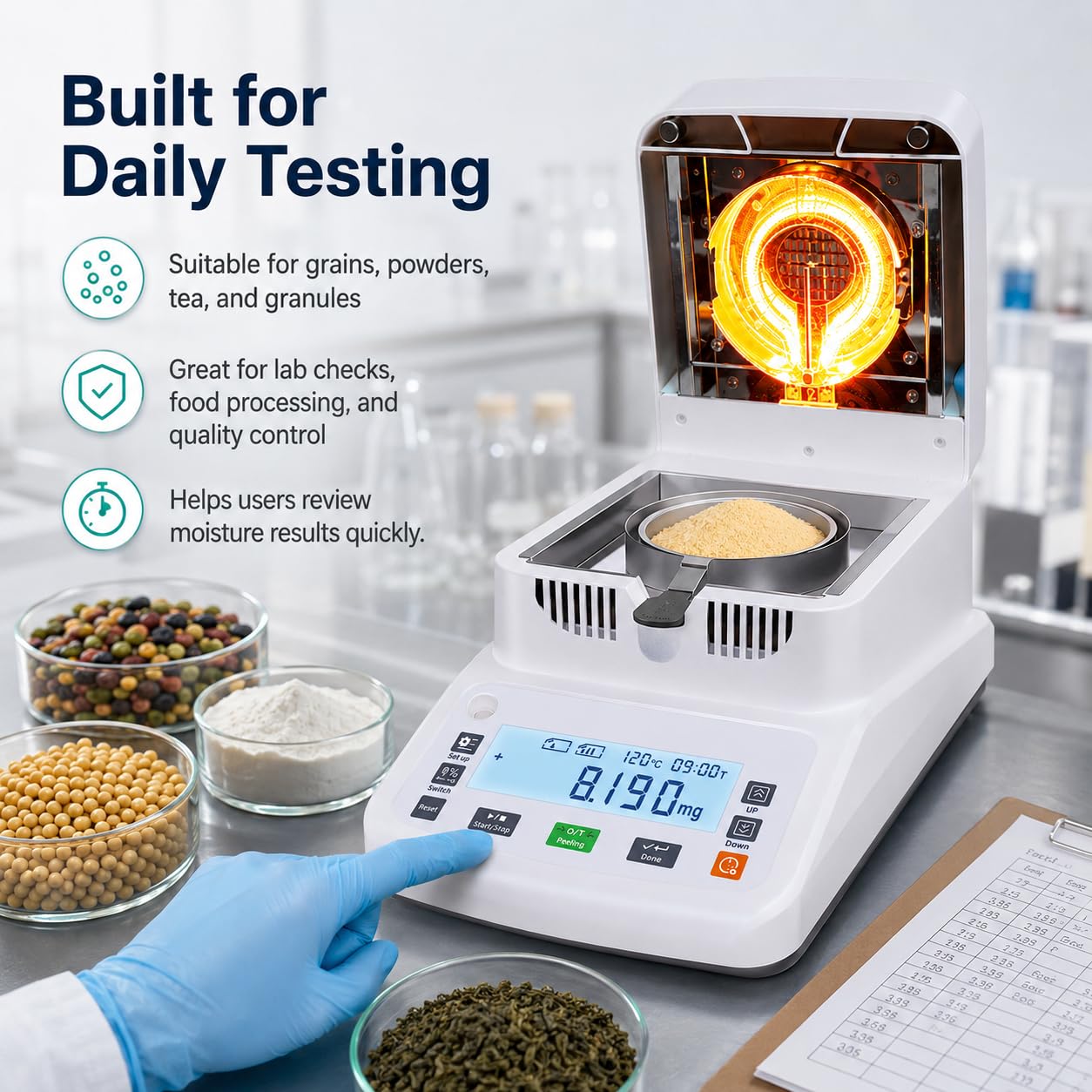 Medidor analizador de humedad halógeno - 0,005 g de alta precisión | Capacidad de 120 g | Calentamiento y secado rápidos a 40 ℃ -180 ℃, con pantalla táctil(0.002G)