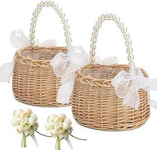 2PCS Wicker Rattan Flower Girl Basket with 2PCS Wedding Wrist Corsage, Handwoven Wicker Basket with Pearl Handle Bow Fairy Flower Basket Rattan Basket for Weddings Bridal Anniversary Party Decor (N-2)