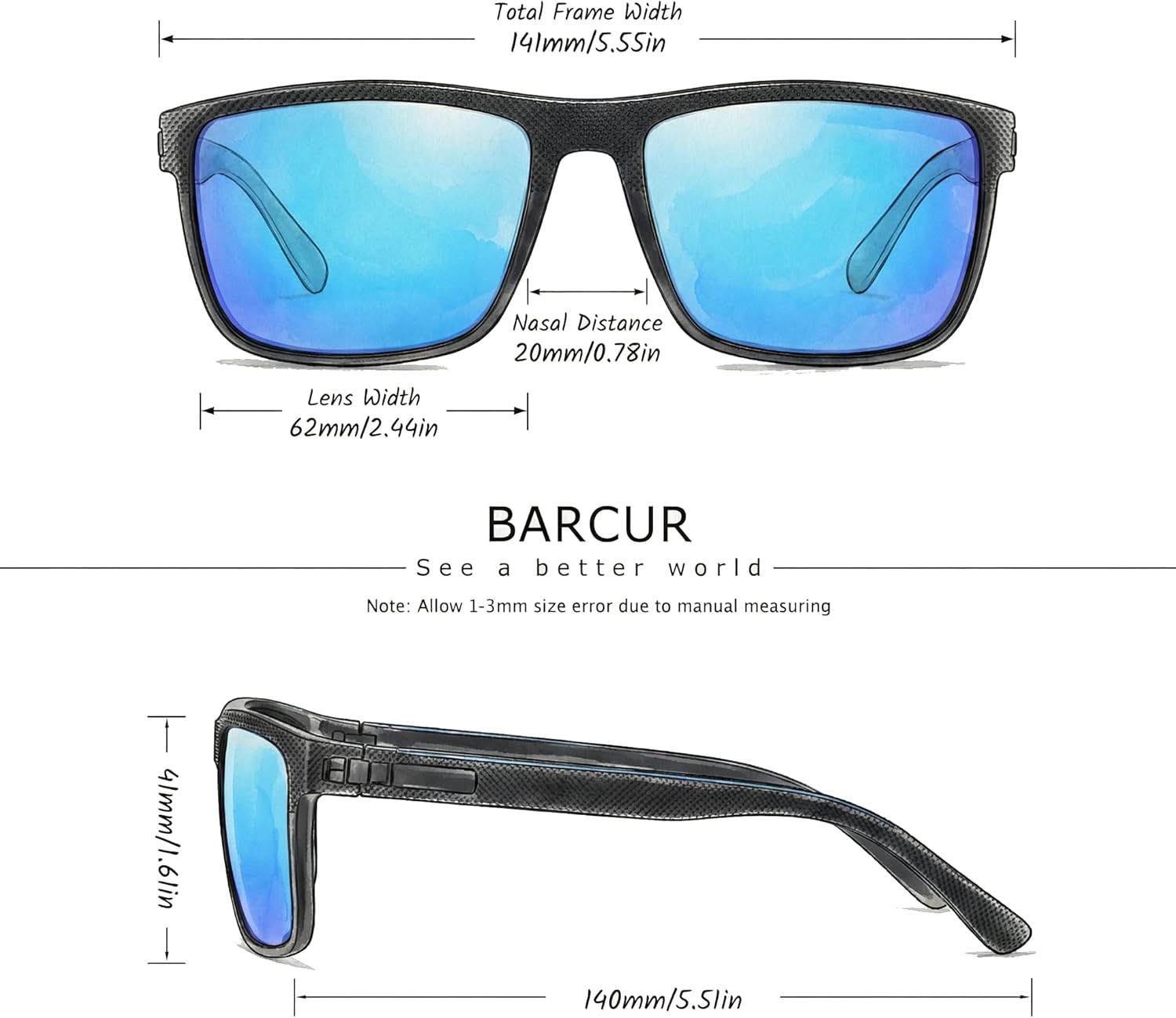 Barcur Square Sunglasses for Men Women, Polarized UV400 Lens, TR90 Frame, Anti-Glare Sun Glasses for Driving, Outdoor Sports