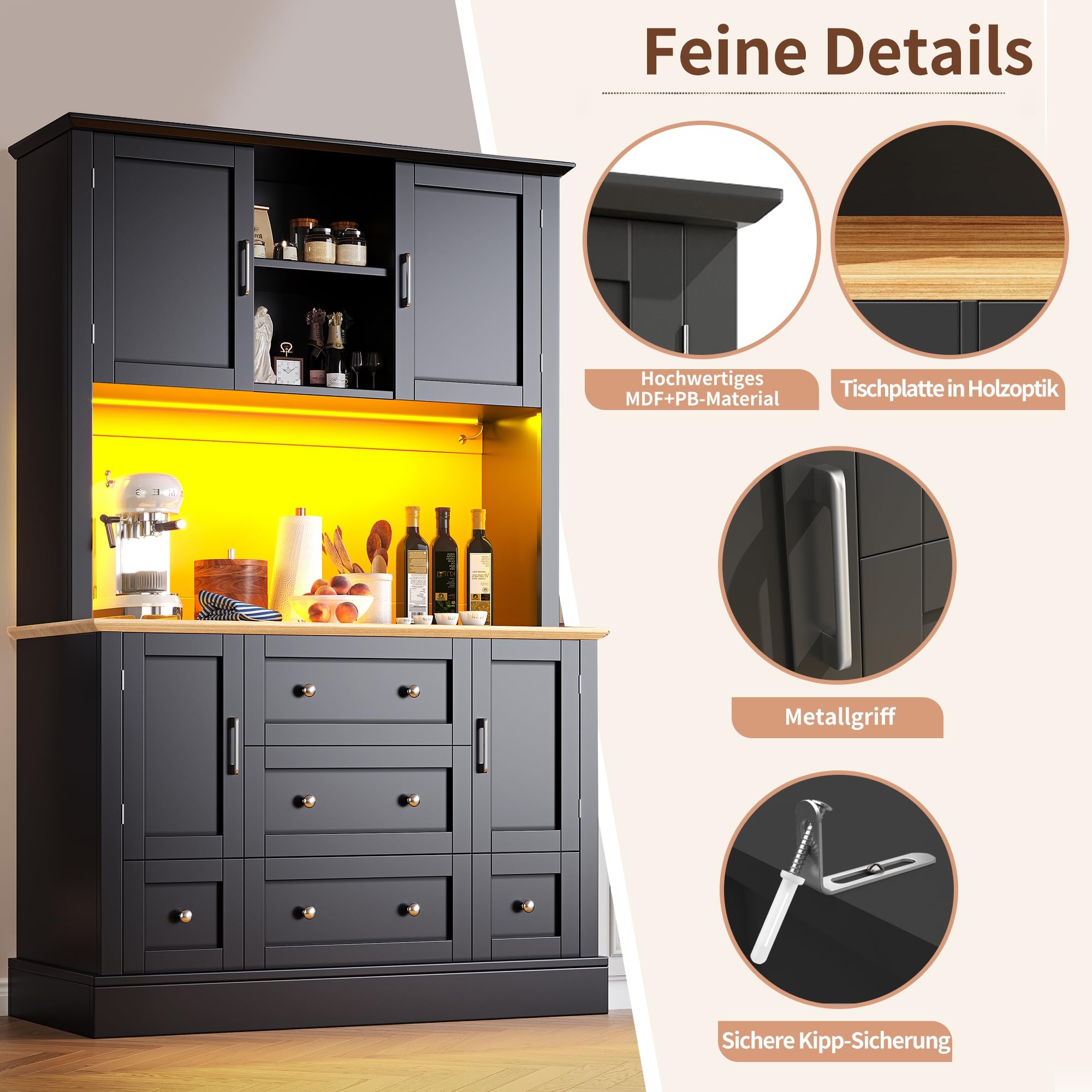 Hochwertiger Hochschrank mit App-Steuerung，115×40×180cm, Wohnzimmerschrank mit 4 Türen & 3 Schubladen, Küchenvitrine mit Musik-Lichtfunktion & Kippschutz, Schwar
