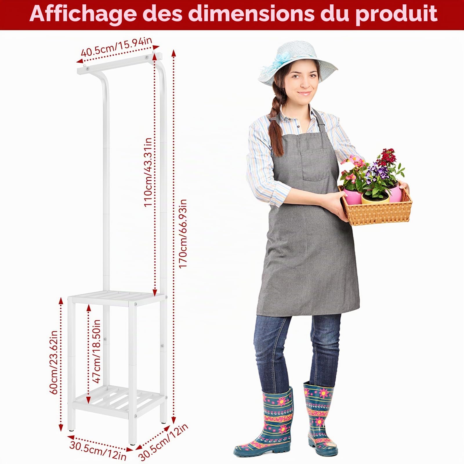 IBUYKE 170cm de Haut Support pour Plantes d'Intérieur et d'Extérieur, 3 Étagères Suspendues Support Pot de Fleurs en Métal, Étagère à Plantes pour Salon Balcon Jardin, Blanc TMJ076W