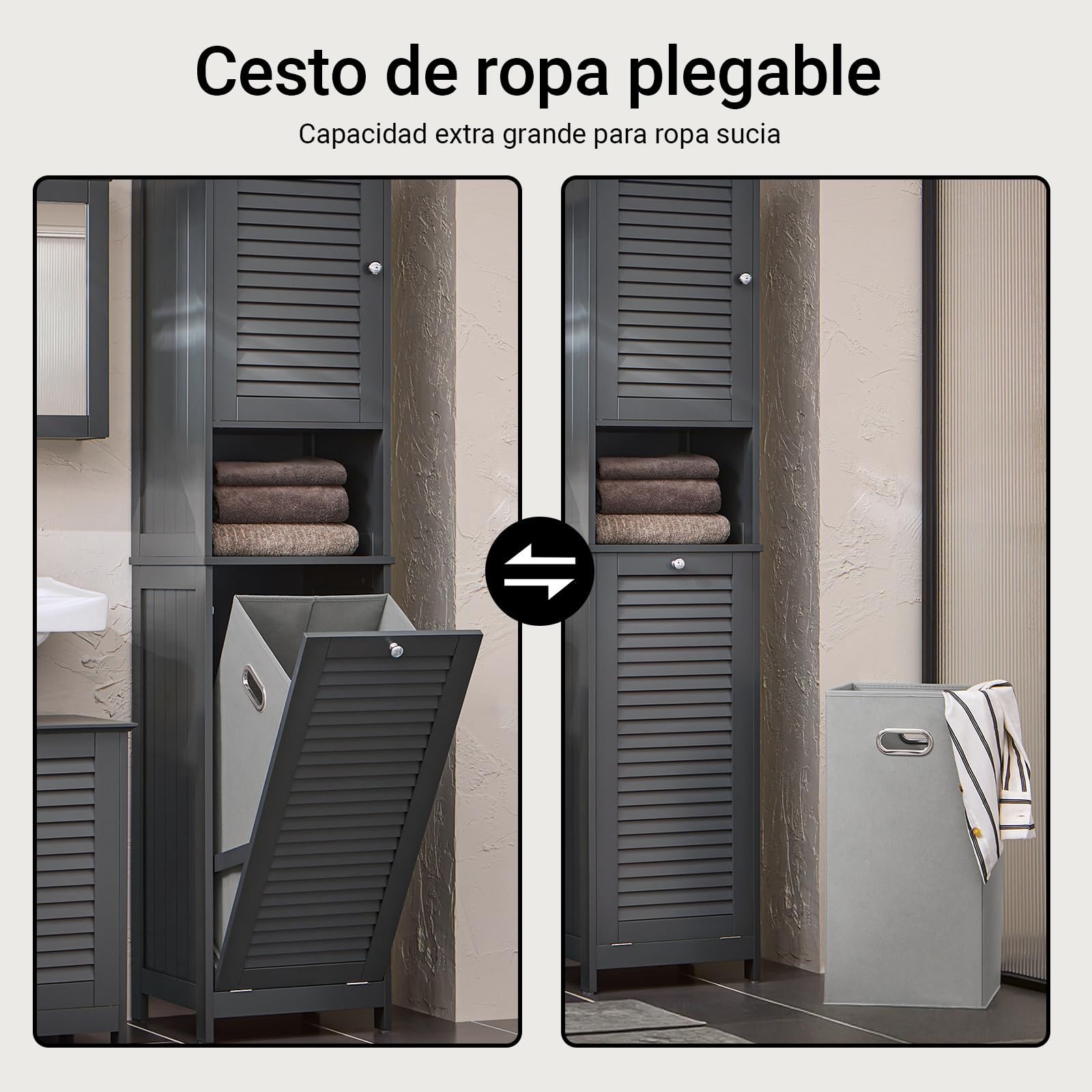 SoBuy Mueble Baño Estrecho con Cesto para Ropa Sucia 40x170x38 cm | Mueble Ropa Sucia, Armario Baño Columna Auxiliar de Baño con Estantería, Mueble Almacenaje,Gris Oscuro BZR124-DG