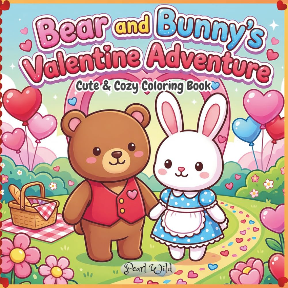 Bear and Bunny’s Valentine Adventure: cute and romantic cozy animals coloring book for adults and teens