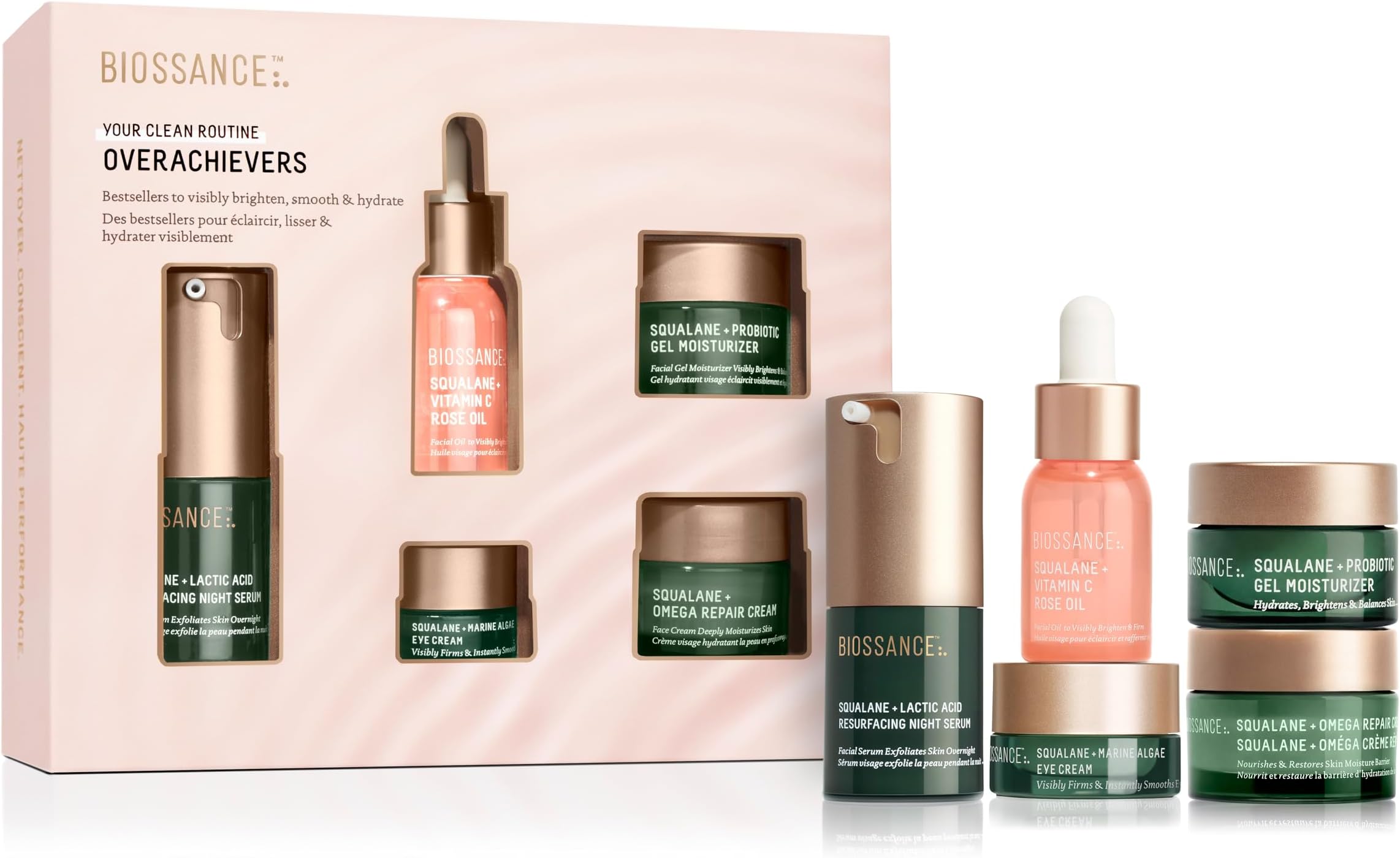 Biossance Overachievers Set - 5-Piece Set - Lactic Acid Night Serum, Vitamin C Rose Oil, Omega Repair Cream, Marine Algae Eye Cream + Probiotic Gel Moisturizer for Face - Vegan + Fragrance-Free