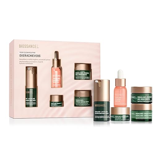 Biossance Overachievers Set. Squalane + Lactic Acid Resurfacing Night Serum Bundle with Travel Size Best Sellers to Hydrate, Exfoliate and Smooth Fine Lines (5 items)