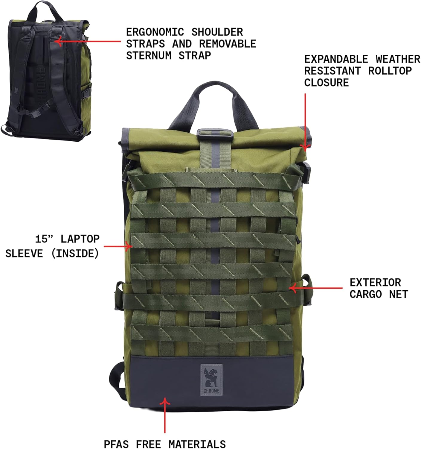 Chrome Industries Barrage 22L Moss X Roll-Top Backpack – Water Resistant Bag for Work, School, Travel – Features Cargo Net & Laptop Pocket - Image 2