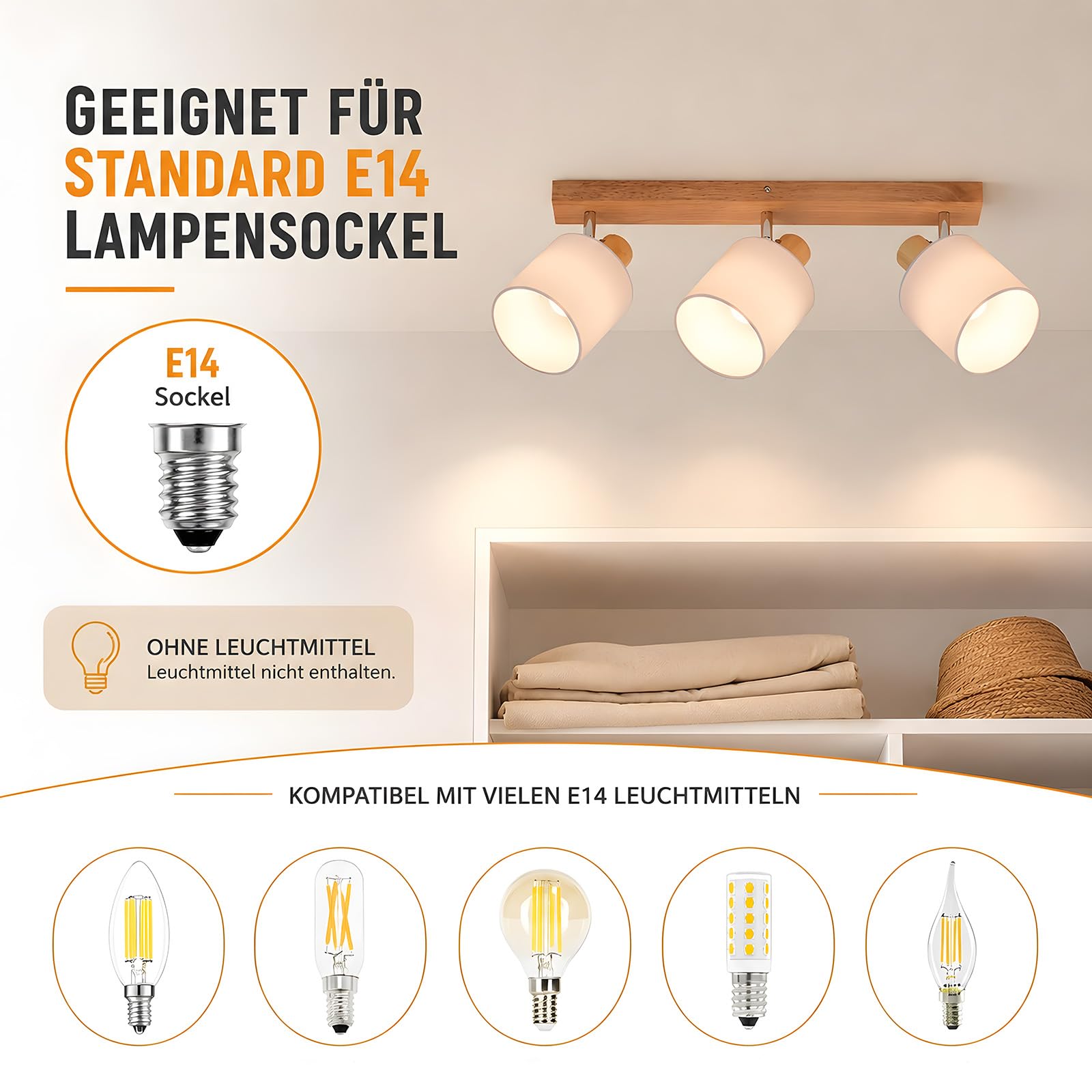 Glitzerlife Deckenlampe 3 Flammig Deckenstrahler Holz LED Deckenleuchte Vintage Boho E14 Schwenkbar 350° Retro MAX.25W
