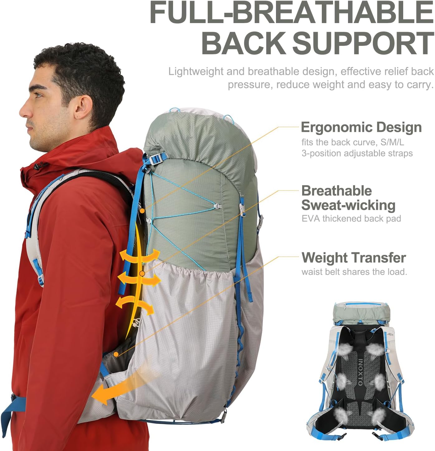 IX INOXTO 55L Internal Frame Waterproof Hiking Camping Backpack with 3L Water Bladder and Rain Cover, Large Lightweight Travel Daypack Rucksack for Climbing (Light Gray) - Image 3