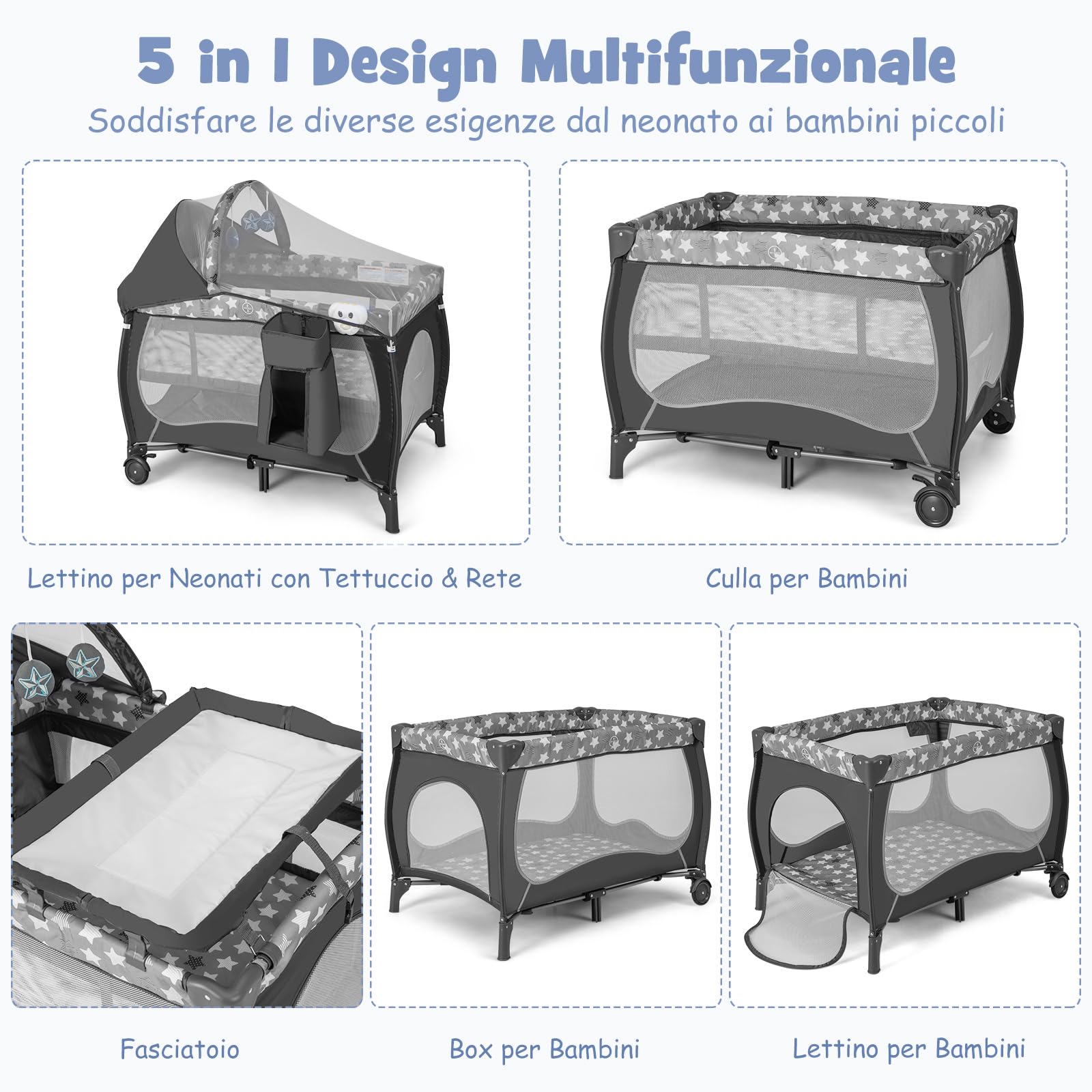 COSTWAY 5 in 1 Lettino da Campeggio con Materasso, Lettino Neonato da Viaggio Pieghevole, Box Bambini Portatile con Borsa, Zanzariera, per Bambini 0-36 Mesi (Stella Grigia)
