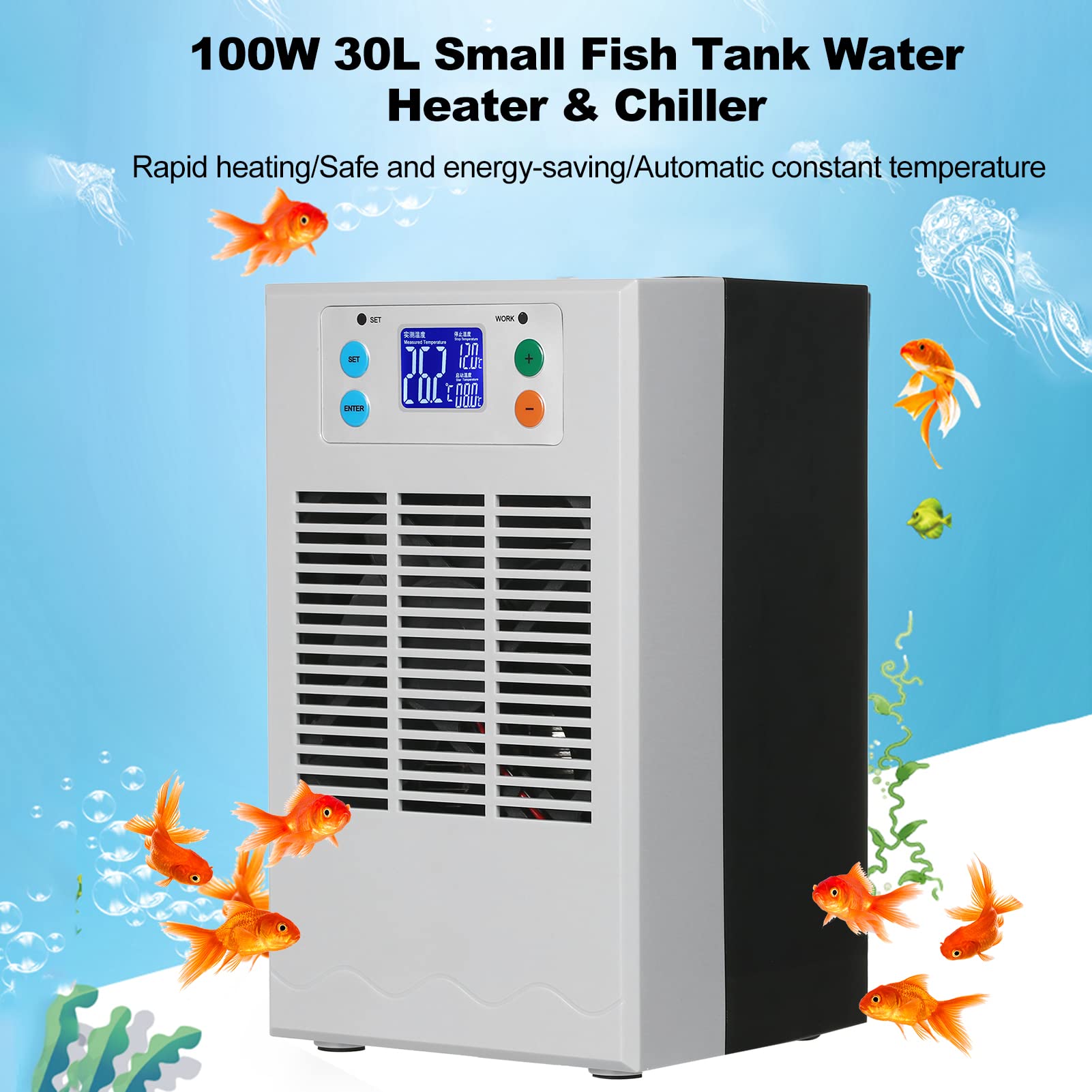 Calentador de agua pequeño de 100 W 30 L y enfriador para acuario enfriador de acuario electrónico semiconductor, pantalla LCD, sistema de calefacción y refrigeración de acuario digital