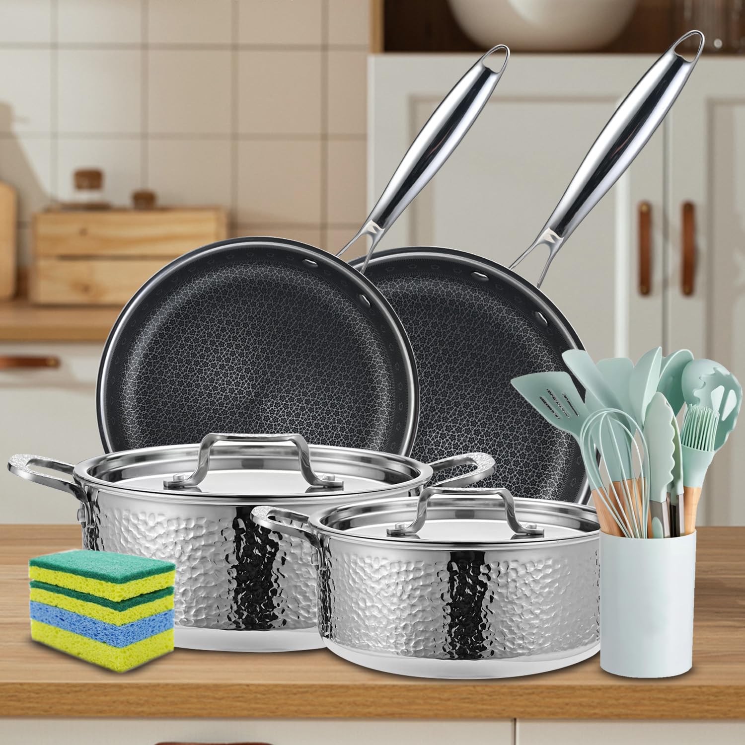 20-teiliges Kochgeschirr-Set mit Antihaft-Pfannen, gehämmerten Töpfen, Silikonutensilien, 26,0 cm und 28,0 cm Bratpfannen, Edelstahlkonstruktion