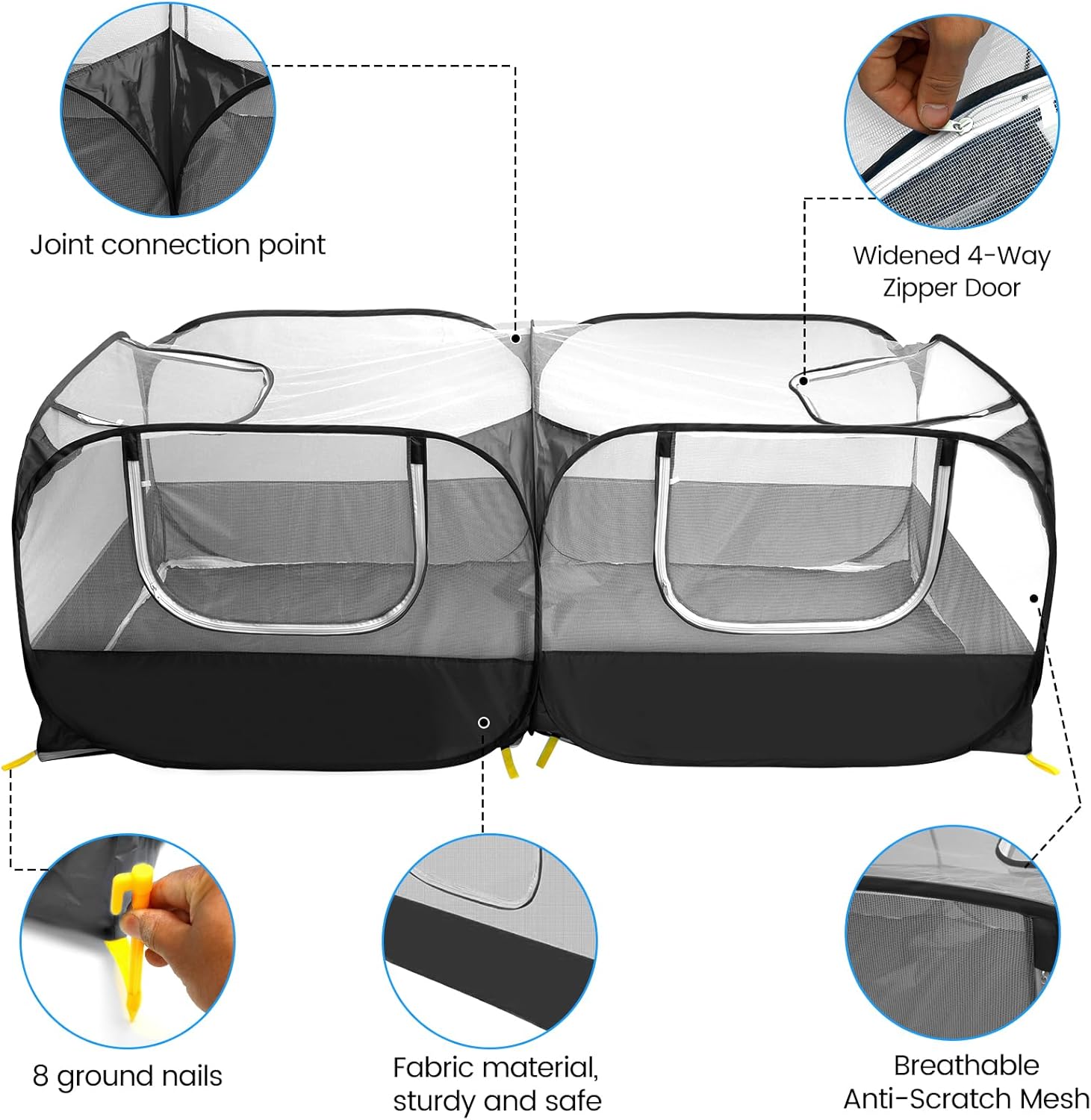 Collapsible Small Animal Playpen, Pet Cage Tent Large Chicken Run Coop with Detachable Bottom Breathable Transparent Mesh Walls, Foldable Pet Enclosure for Puppy Kitten Rabbits Indoor Outdoor playpen