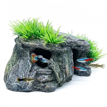 Aquarium Cave & Betta Hideout - Natural Resin Fish Tank Decorations, Small Turtle Basking Platform, Hand-Polished Smooth Edges, PH Neutral Stone Decor for Shrimp, Cichlid, and Reptiles (Small)