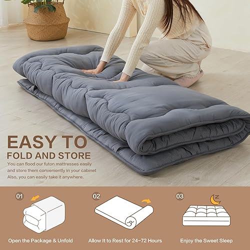 Miniatura 9 de SAPHREAS Japanese Futon Mattress Floor Mattress, 4" Foldable Roll Up Bed Mattress Topper with Elastic Straps, Tatami Mat Sleeping Pad for Camping,