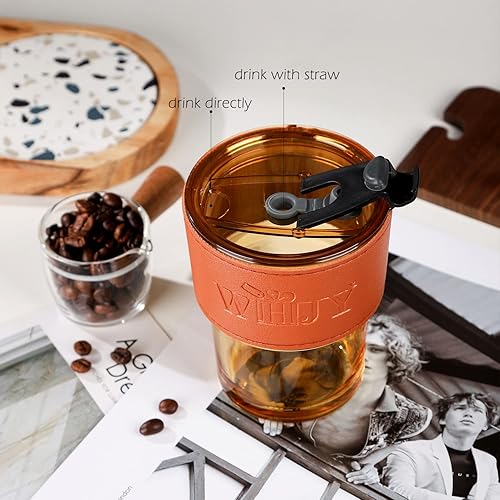 Miniatura 6 de WHJY Vaso de vidrio de 13 onzas con popote y tapa, botella de agua de vidrio con funda, taza de café con tapas, reutilizable, color gris