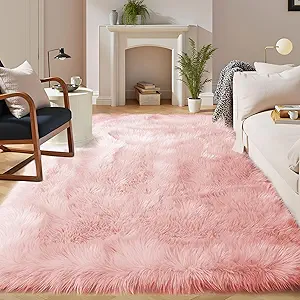 Latepis Pink Area 8x10 Shaggy Faux Sheepskin Fur Rug for Living Room Floor Cute Plush Carpet for Bedroom Girls Soft Furry Rug Luxury Home Decor