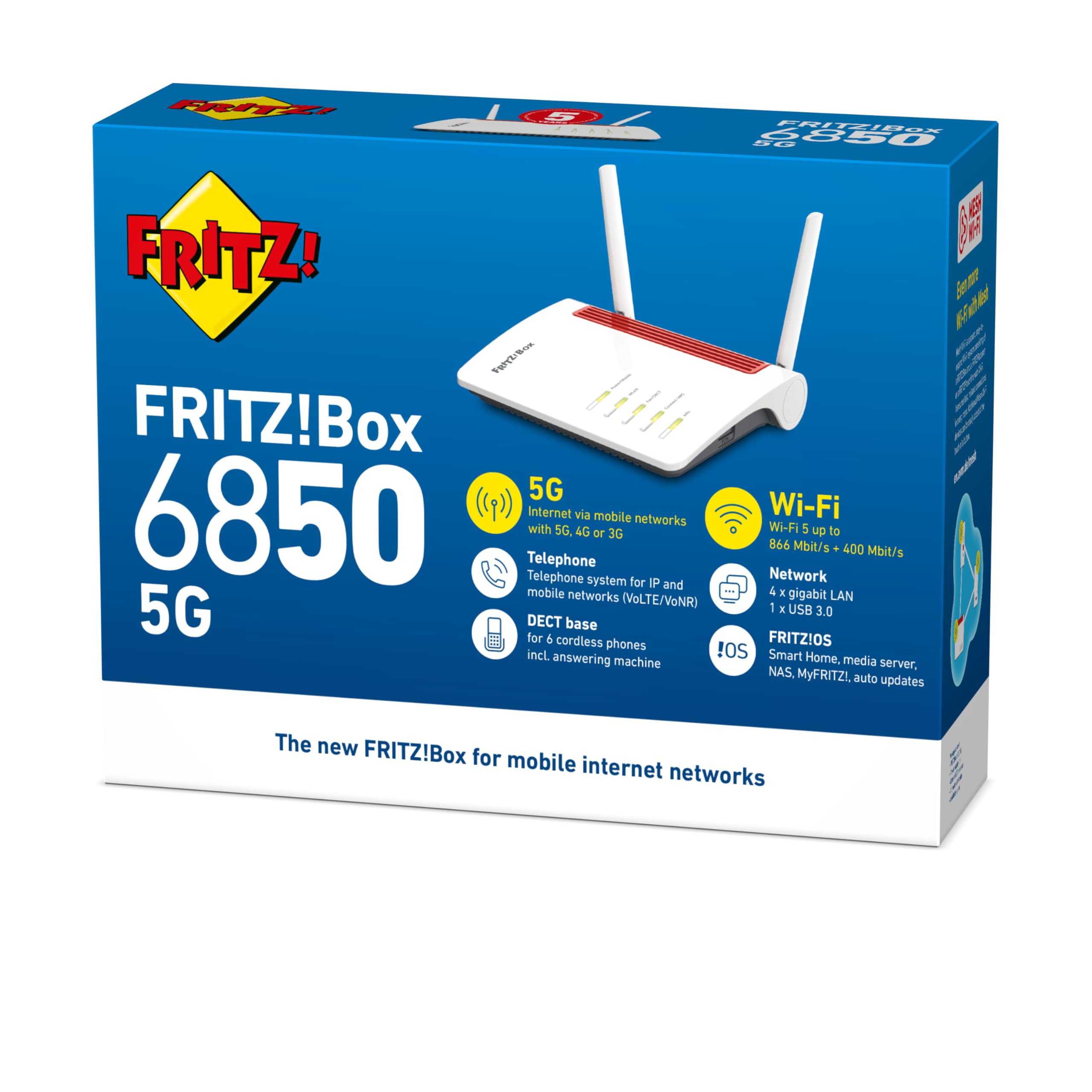 AVM FRITZ!Box 6850 5G międzynarodowy (internet komórkowy o prędkości do 1300 Mbit/s, Wi-Fi AC + N do 866 Mbit/s (5 GHz) oraz 400 Mbit/s (2,4 GHz), 4x Gigabit LAN, stacja bazowa DECT, USB 3.0)