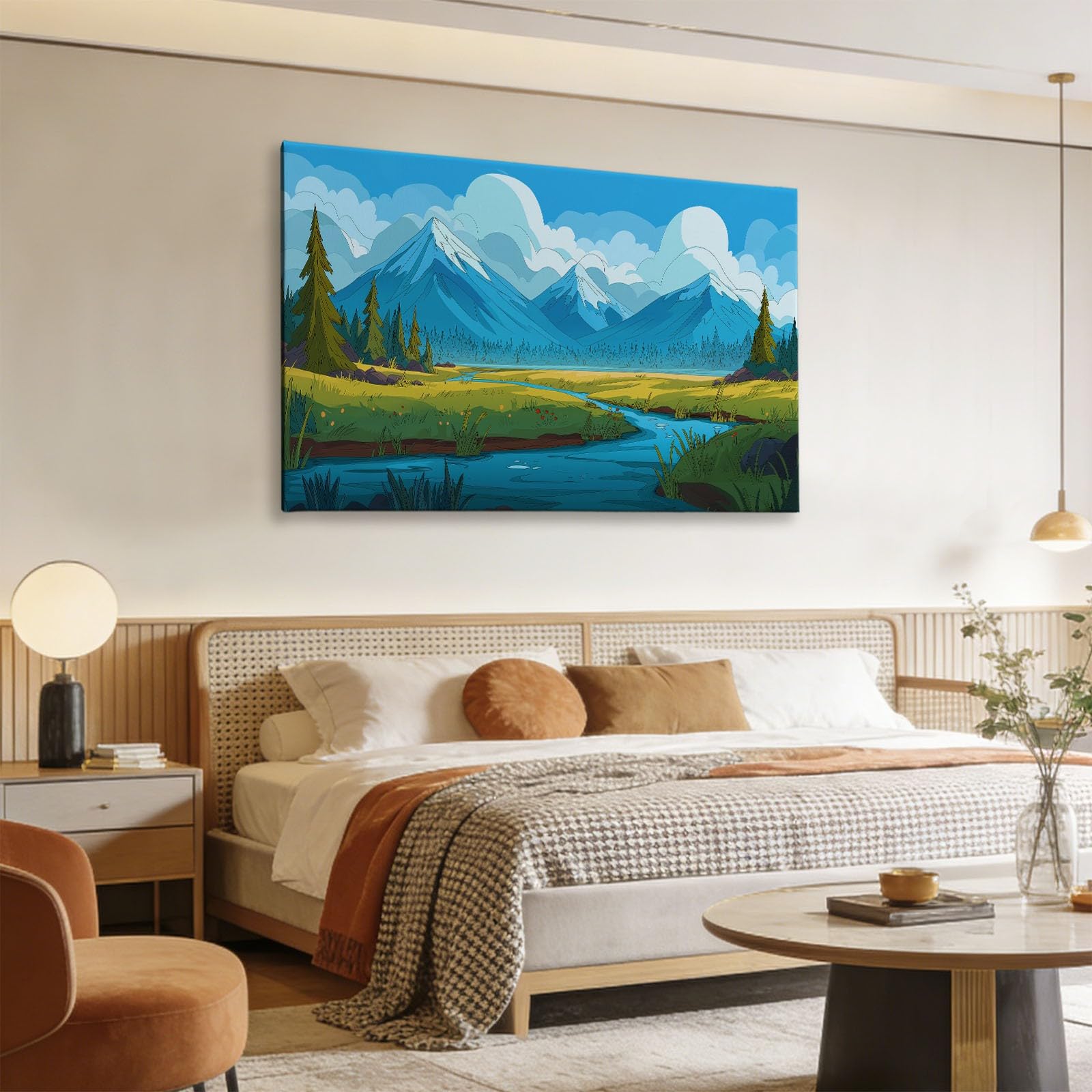 Generisch Cartoon Natürlich Schneeberge Fluss Modernes Leinwandbild 120L x 80B cm mit Rahmen, Eisblau XXL Wanddeko für Wohnzimmer Geschenk Idee Einzug - Hochwertiger Kunstdruck auf Holzrahmen