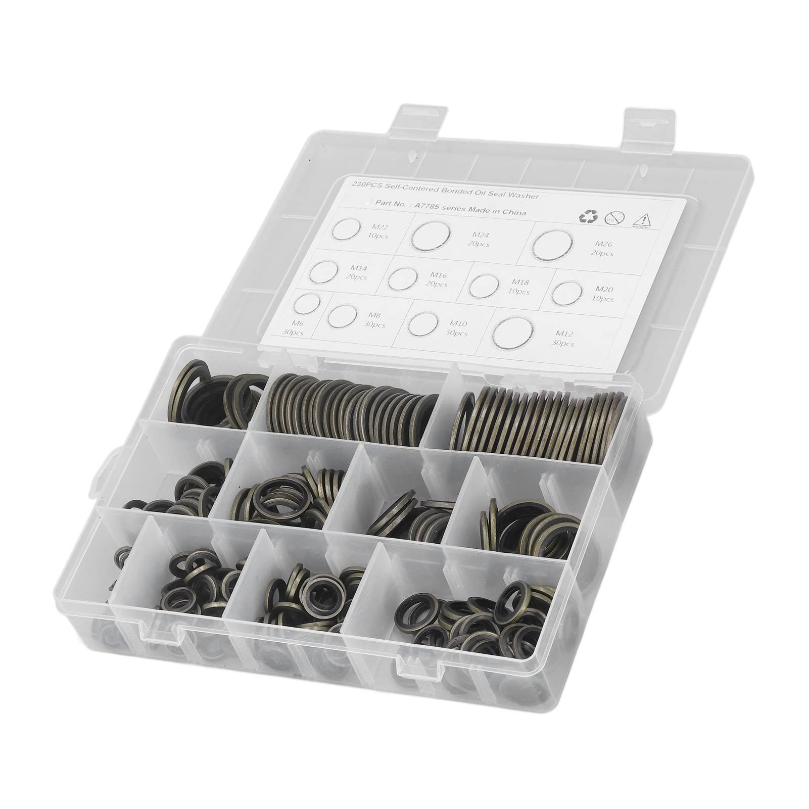 Kit assortiment de rondelles d'étanchéité d'huile, 230 pièces Ensemble de joints de bouchon de vidange d'huile en caoutchouc métallique auto-centré, rondelles d'étanchéité jointes M6 à M26 avec boîte
