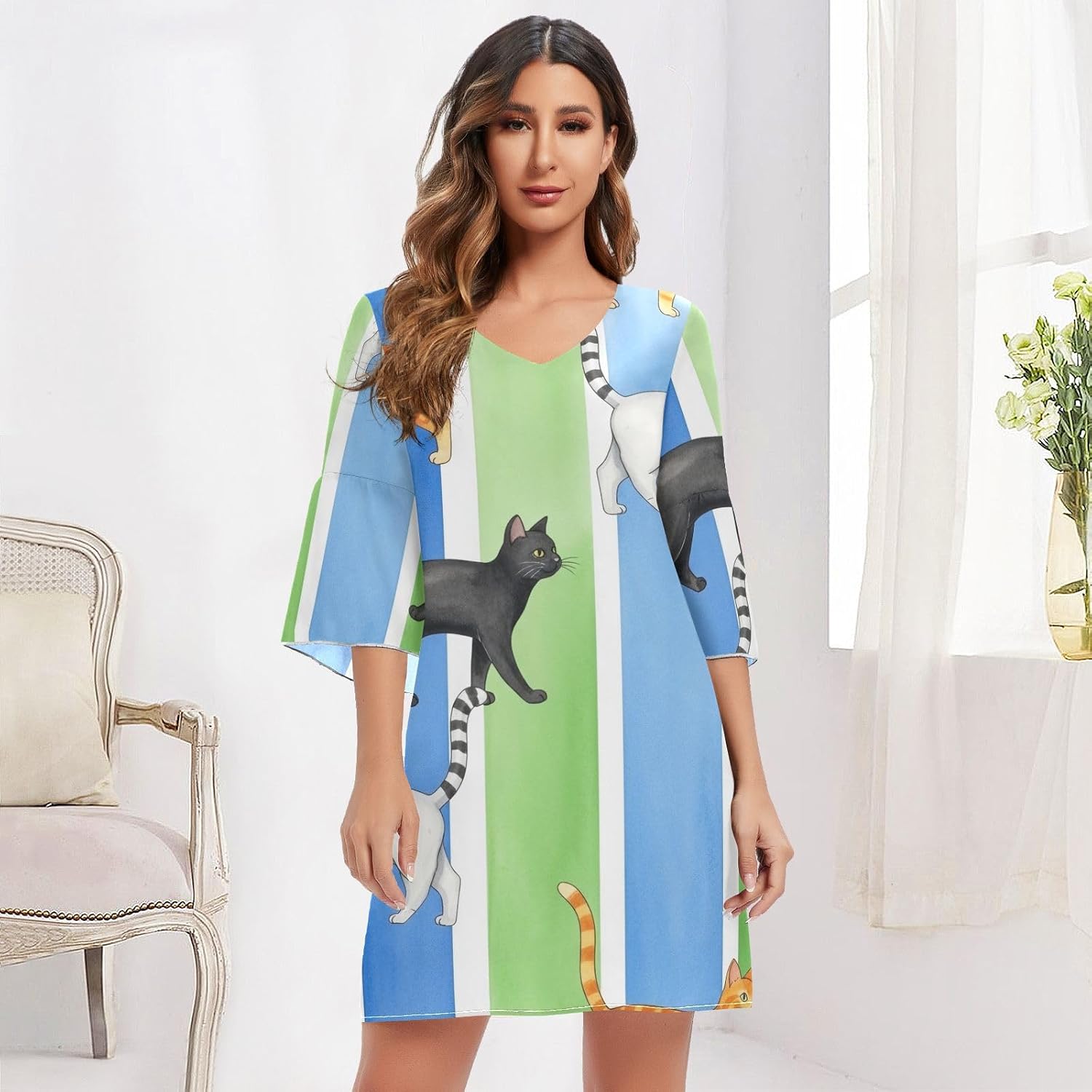 Cats Stripes Blue Green Casual Chiffon Dress Printed Maternity Dress Party