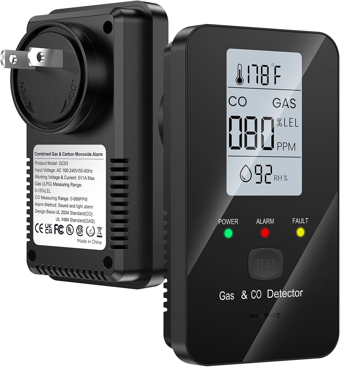 Nuleto 4-in-1 Carbon Monoxide Detectors & Combustible Gas Detector,Carbon Monoxide Detectors Plug in,Natural Gas Leak Detector with Temperature,Humidity to Ensure Home,Hotel,RV Safety,1 Pack,Black