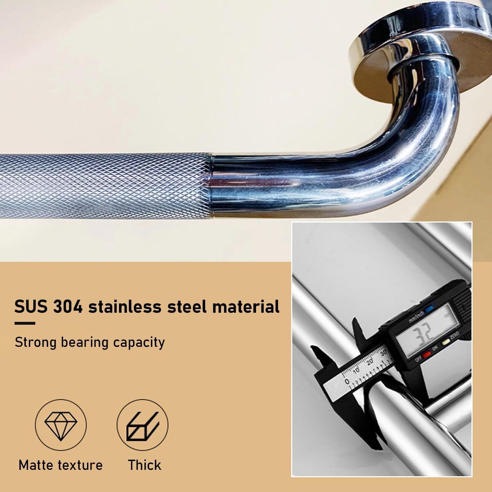 Barra di sostegno antiscivolo a forma di U, in acciaio inox 304, per interni ed esterni, diametro 3,2 cm, capacità di carico 180 kg, lunghezza 50 cm, ideale per bagno e WC (argento)
