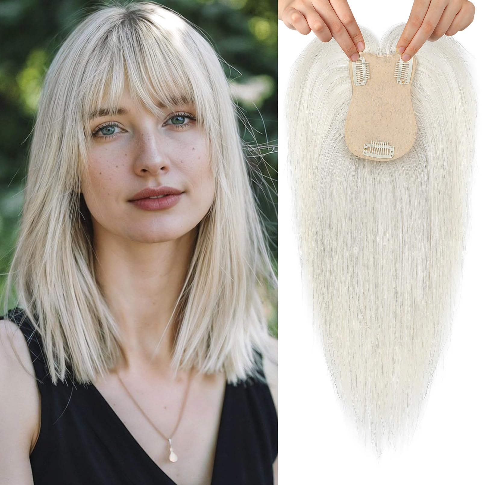 Photo 1 of Flufymooz 100% Real Human Hair Toppers, 12 Inch Human Hair Toppers for Thinning Hair Large Hand-woven Area 360° Coverage Natural Hairpiece Wiglet for Women Daily 5"x3" Silk Base (Golden White)