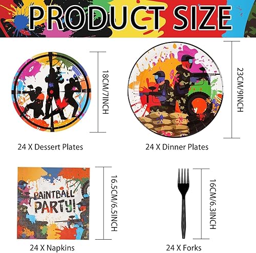 Miniatura 2 de Juego de 96 platos y servilletas de papel de paintball, decoración de fiesta de neón de paintball, suministros de vajilla para niños