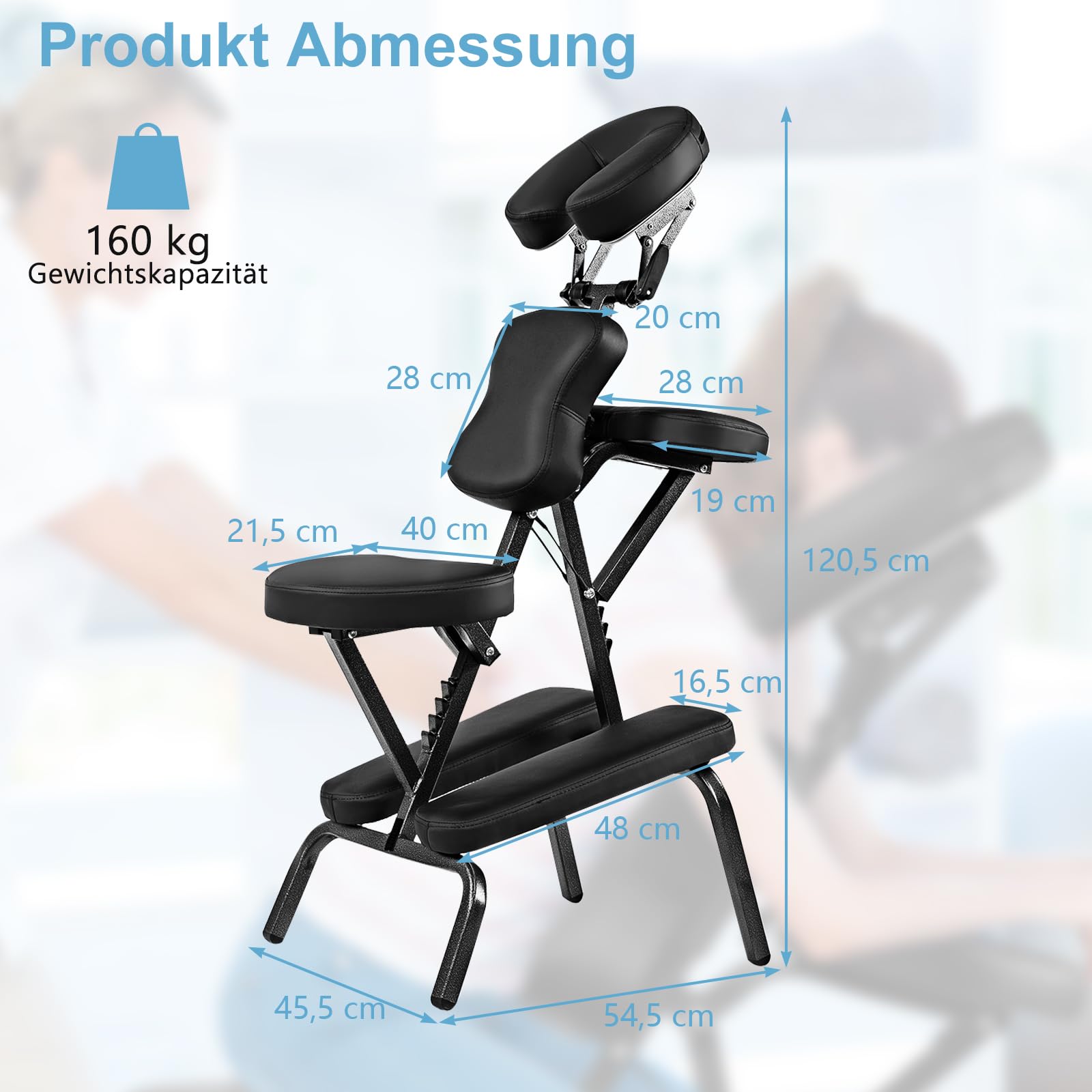 RELAX4LIFE Massagestuhl Klappbar Höhenverstellbar Therapiestuhl mit Verstellbarer Bruststütze Armablage Kopfstütze Sitz bis 160 kg Schwarz