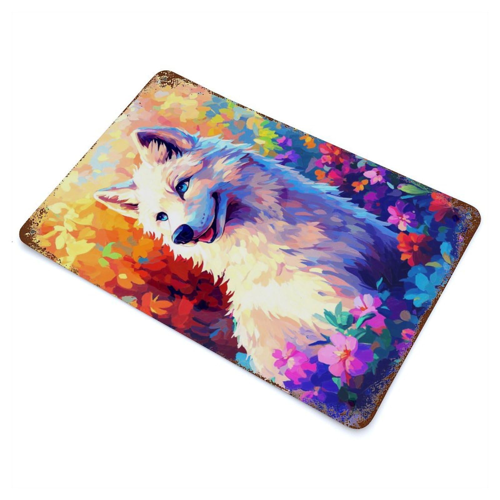White Wolf in Flowers 11.8"x7.9" Retro Metal Sign, Industrial Home Decor for Office, Studio And Wall Decor