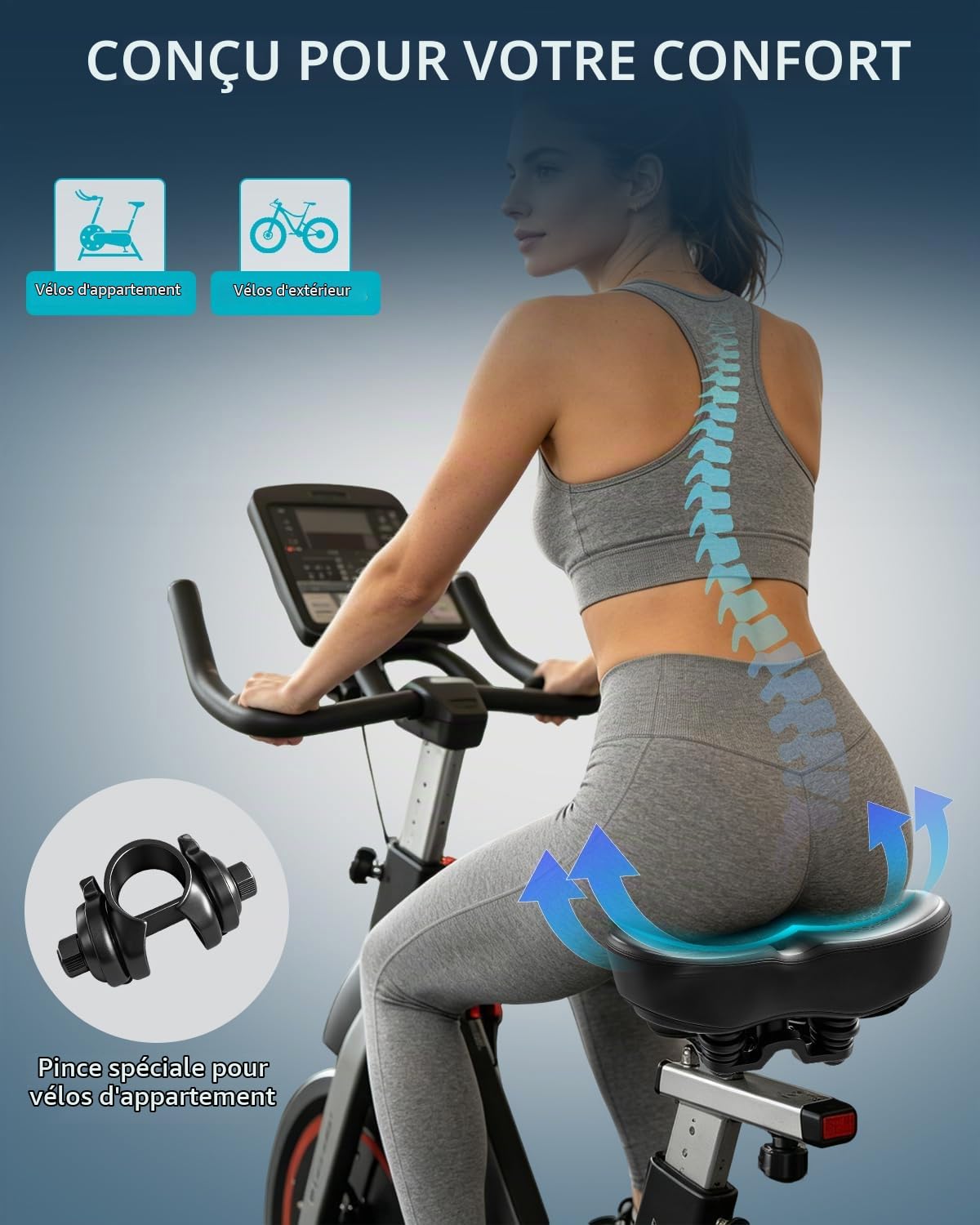 Noseless Siège de vélo surdimensionné pour homme et femme, confortable, extra large, rembourré, selle de vélo confortable pour peloton, vélo d'appartement, de plage, VTT, vélo électrique