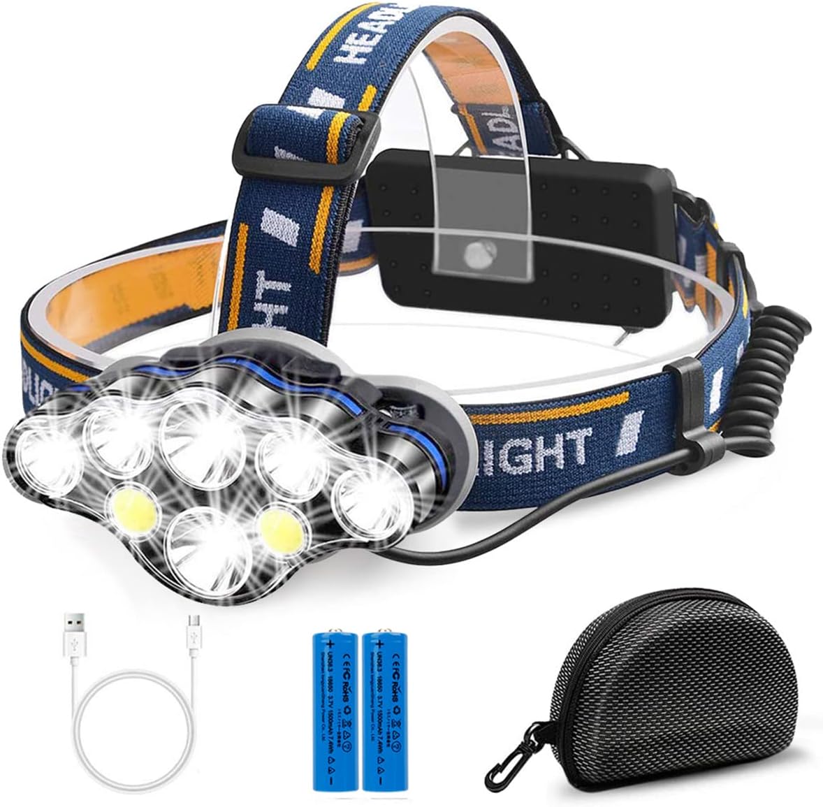 Yabtf Stirnlampe,18000 Lumen 8 LED 8 Modi Kopflampe mit Rot weiß