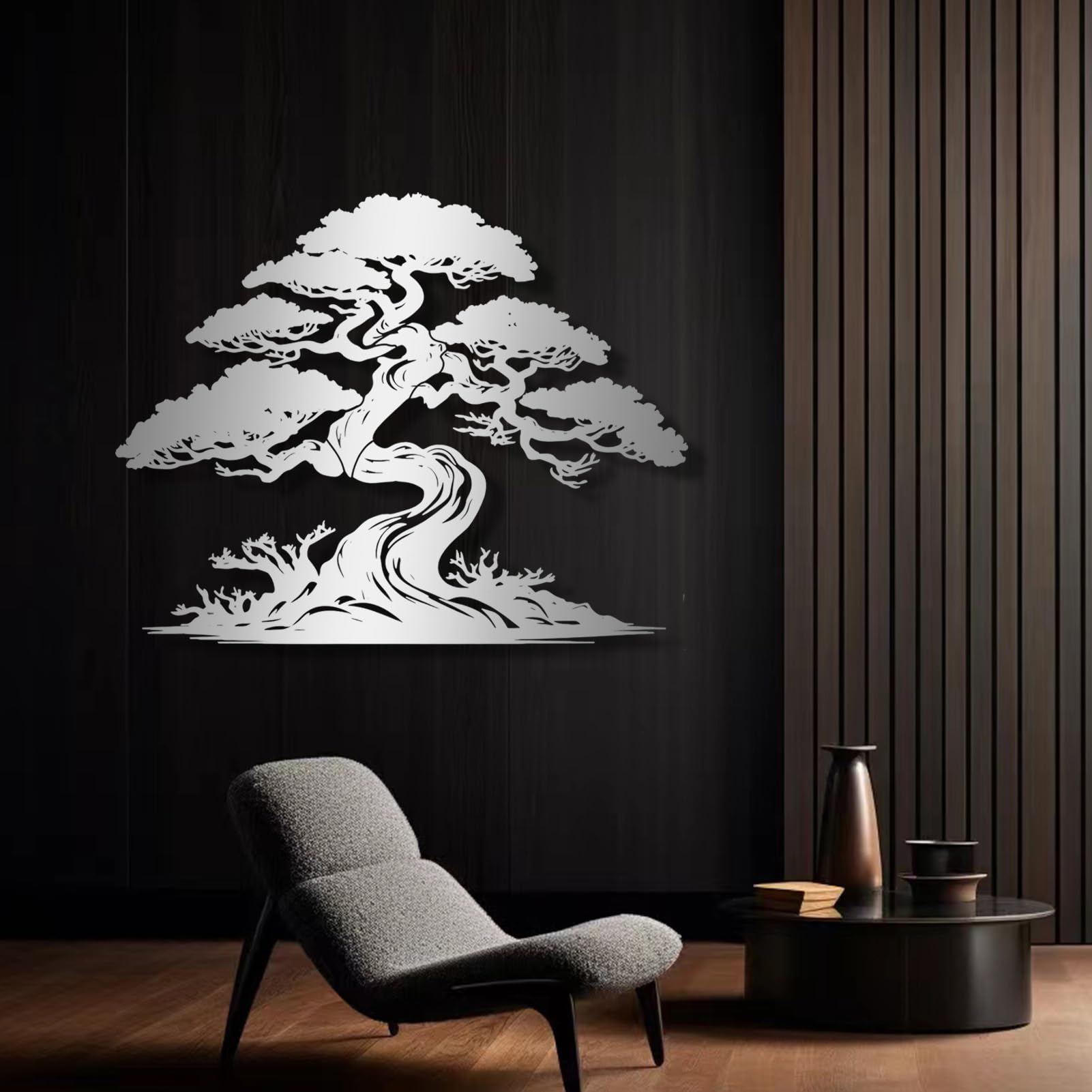 Grande Decorazione murale Astratta in Metallo a Forma di Pino, Bonsai, pianta Ornamentale da Appendere, Regalo per Amanti della Natura (Bianco, 80x63 cm)