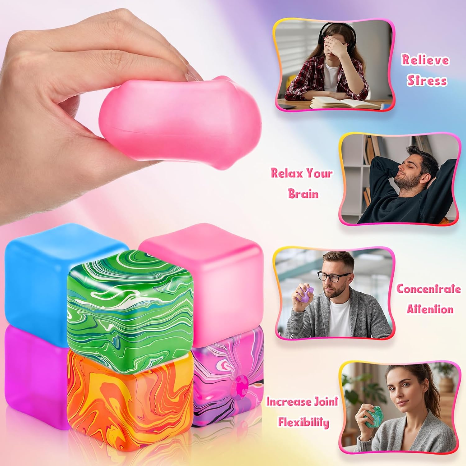 6 Pack Adults Fidget Stress Cube 2.17" Ice Squeeze Fidget Blocks 2 Patterns Square Solid Sensory Squeeze Stress Balls Anxiety Relief for Home Office Holiday Party Ideas Gifts