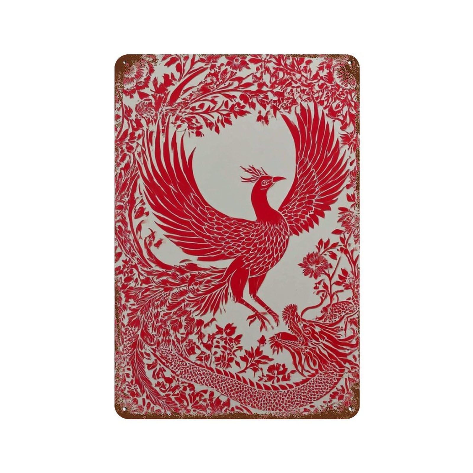 xiaoxiaoshen Red Phoenix And Dragon Chinese Mythology Fenghuang Folk Style Asian Symbolism Wall Decor Art Metal Tin Poster Modern Home Decor Art Home Bar Shop Decorations Vintage Sign 30x20cm