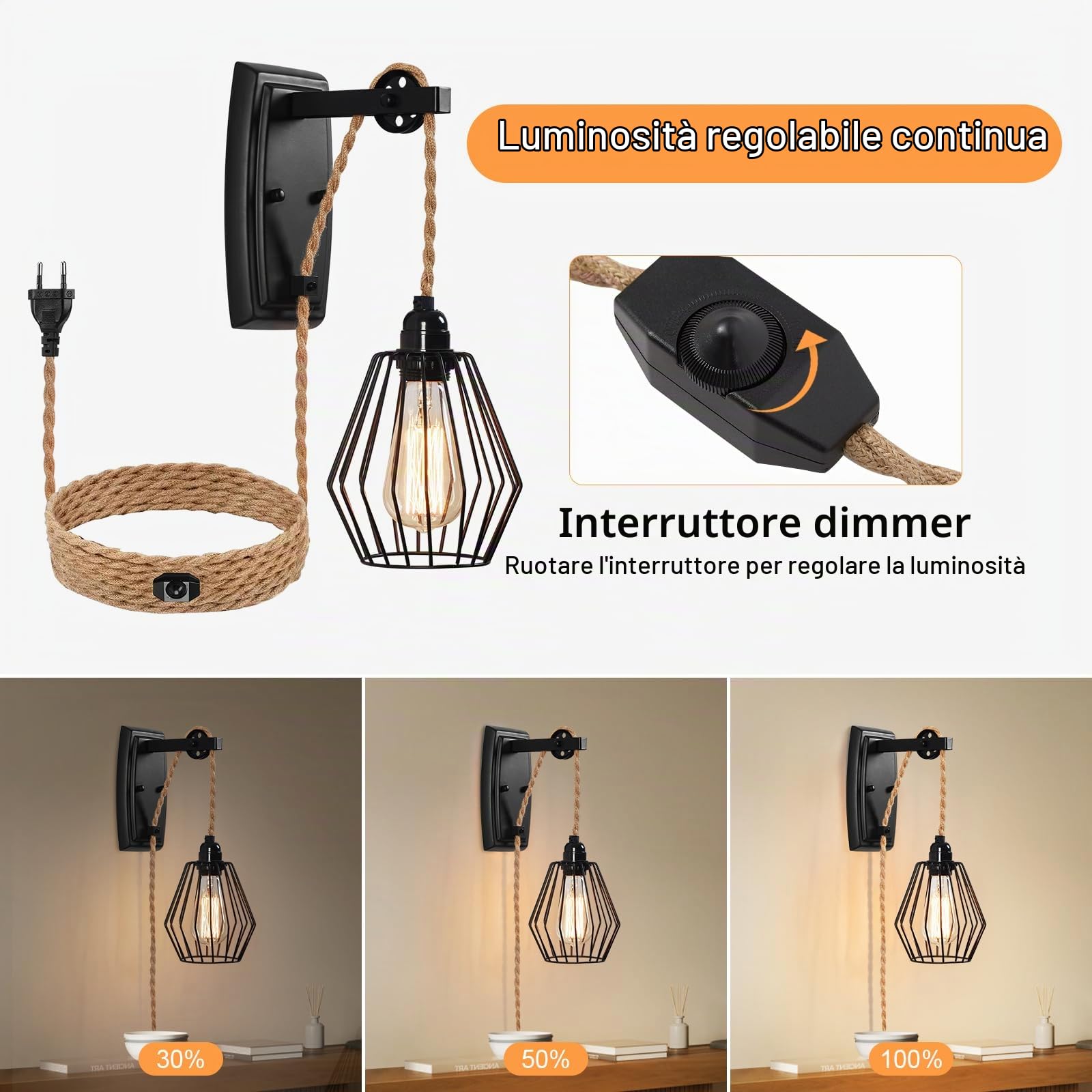 ENCOFT Lampada da Parete Interna con Interruttore Dimmerabile e Presa, Cavo di 4m, Plug-in Applique da Parete Interno Gabbia Industriale, Vintage E27 Luce Illuminazione da Muro per Soggiorno