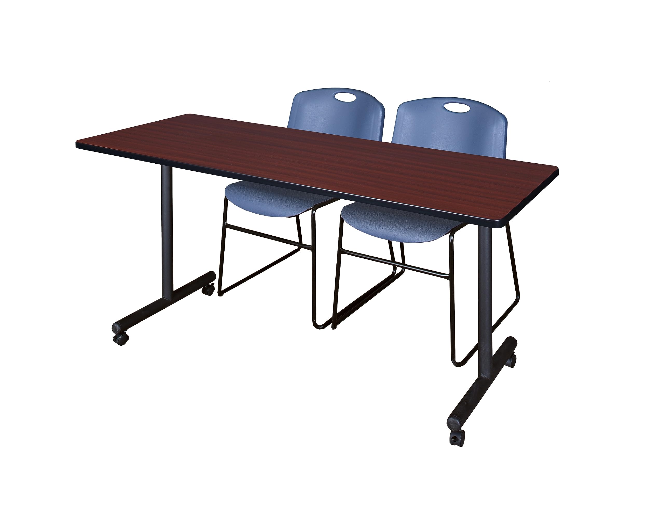 Regency Kobe 72 x 24 in. Mobile T-Base Training Table- Mahogany, 2 Zeng Stack Chairs- Blue