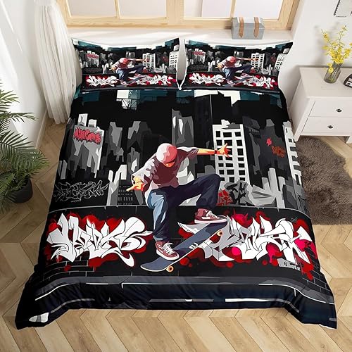 Juego de ropa de cama de decoración de hip hop, para adolescentes, monopatín, cultura callejera, juego de funda de edredón para niños, adolescentes,