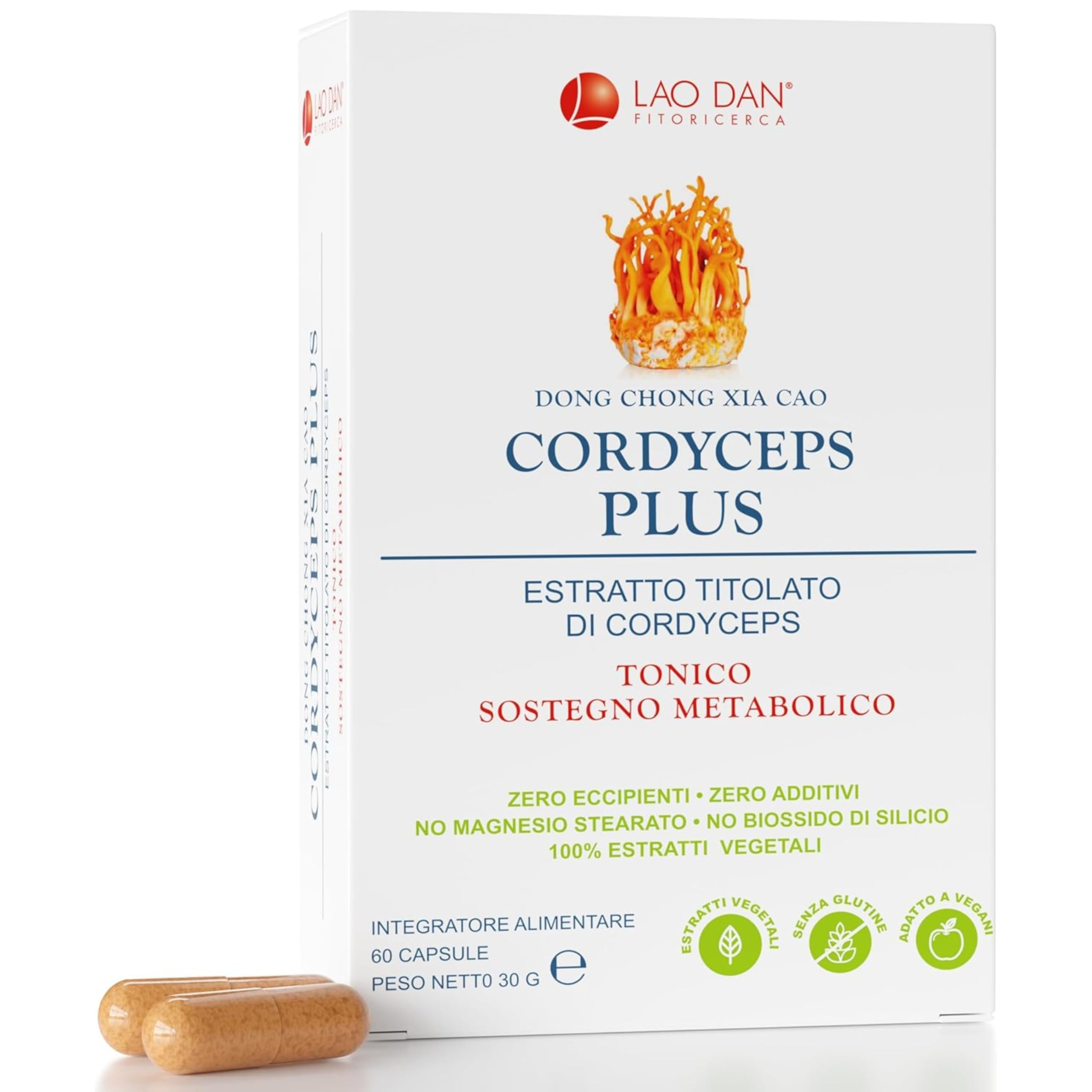 Cordyceps Plus da Fitoricerca Lao Dan®, 60 Cps Cordyceps Sinensis, 12.000 mg (Estratto CS-4 30:1) titolato al 40% in polisaccaridi, Cordyceps Capsule Made in Italy