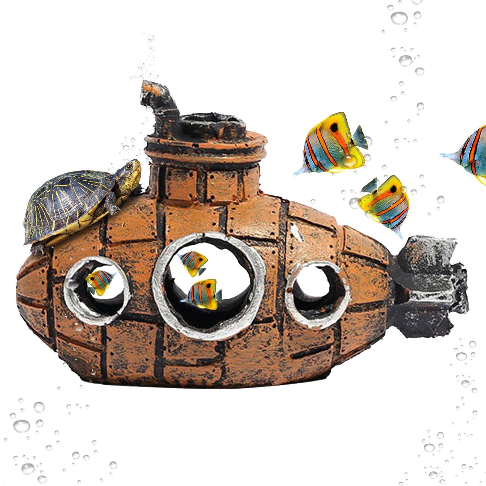 Pomrone Aquarium Submarine Ornaments, Aquarium Shipwreck Decorations - Resin Material Sunken Ship Decorations, Hidden Caves for Fish Shrimp Hidden Aquarium Environments Accessories