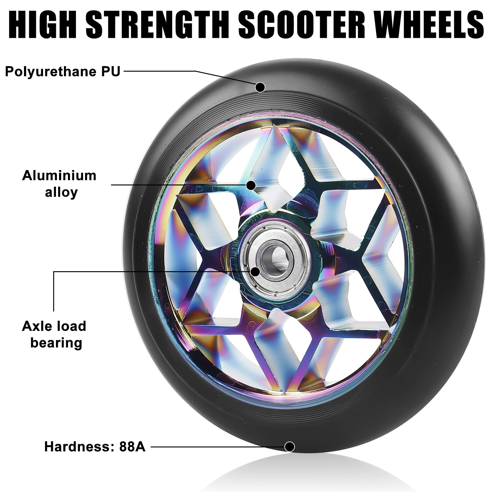 2 roues pour trottinette stunt 110 mm, roues de rechange colorées pour scooter 88A pour stunt avec roulements ABEC-9, roulements en aluminium, roues de rechange compatibles avec tous les scooters