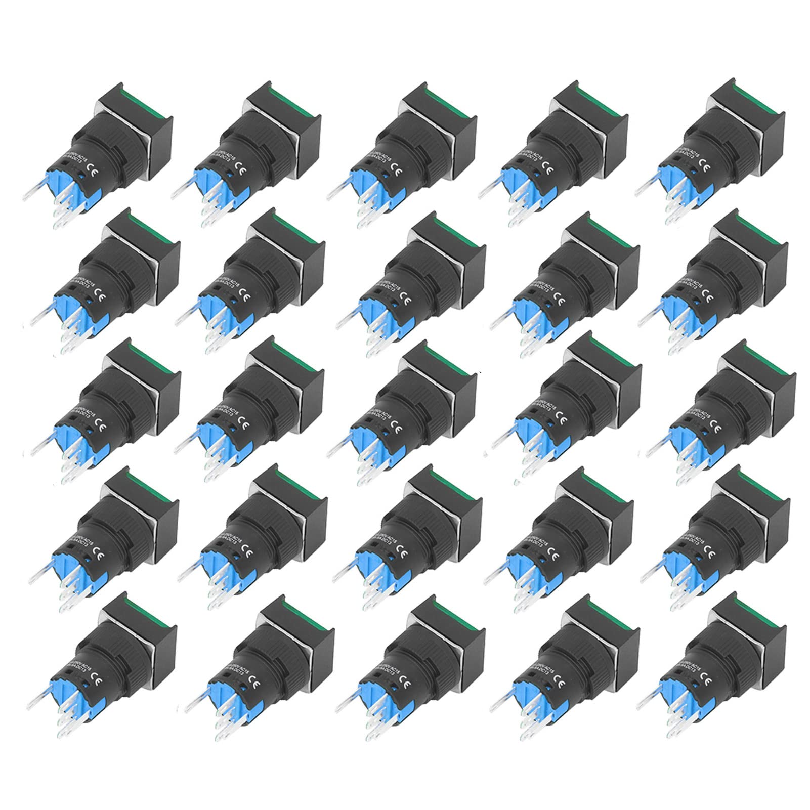 Druckschalter, selbstverriegelnder 16 mm Quadrat Leistungsschalter mit Beleuchtung 220V 5A, 25 Stück Set, für Installation Ersatz (Grün)