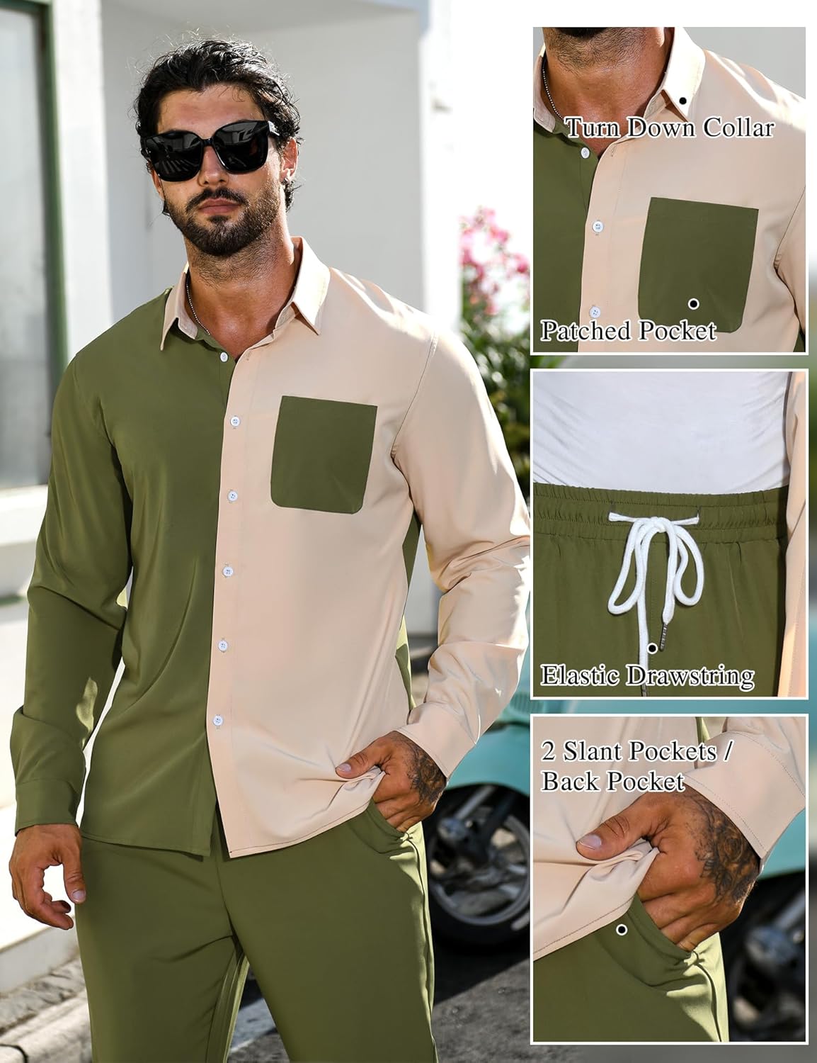 LecGee Mens 2 Piece Color Block Outfits Casual Long Sleeve Color Block Shirts and Pants Matching Set Sweatsuit - Image 5