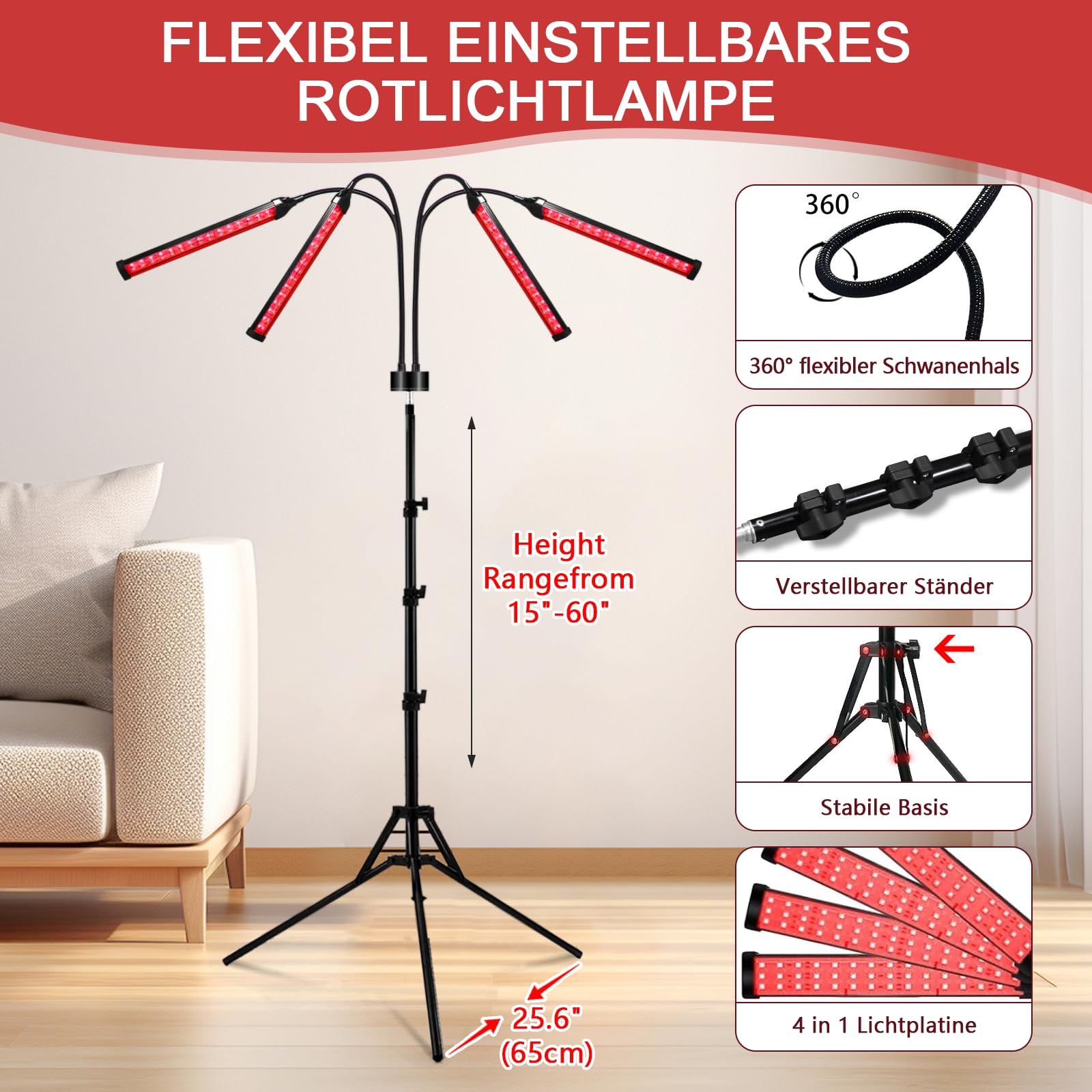 Rotlichtlampe mit Ständer, 660nm & 850nm & 940nm Infrarotlampe, 180LEDs Rotlicht mit Fernbedienung, 4 Köpfe Lichtlampe, Red Light für Männer und Frauen Geburtstagsgeschenke