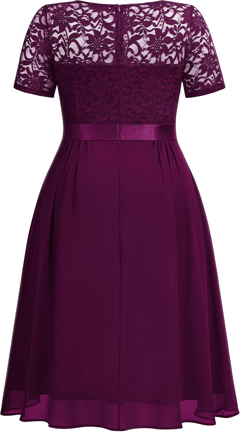 MISSMAY Women's Plus Size Lace Contrast Chiffon V Neck Flowy Cocktail Wedding Guest Midi Dress - Image 6