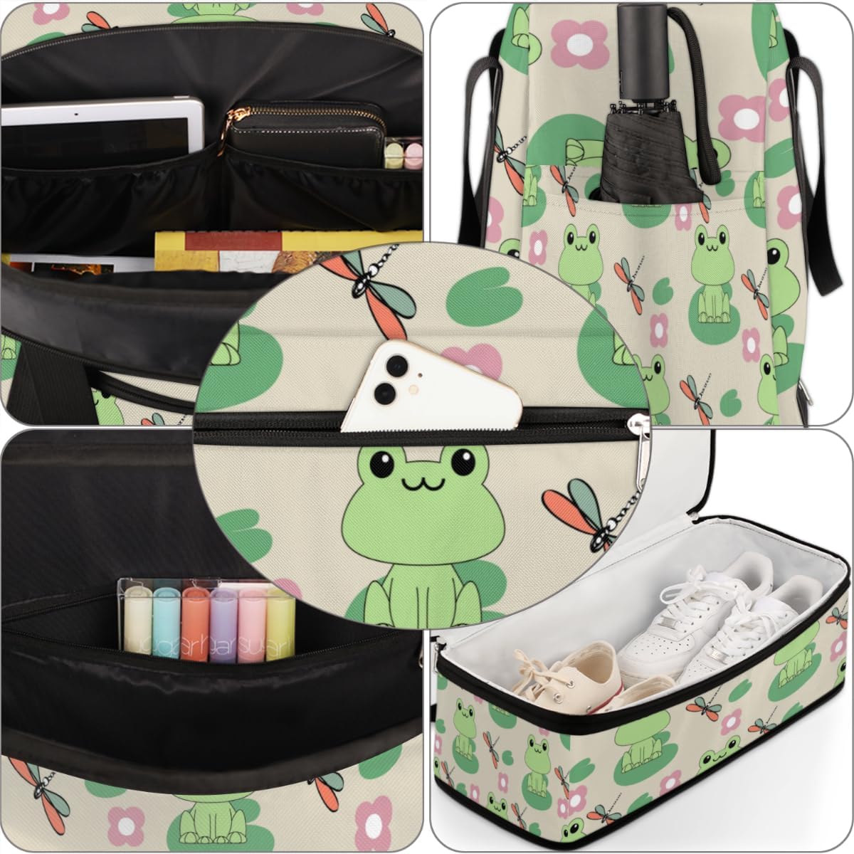 QsirBC Frogs Pattern Theme Gym Bag for Women Duffle Tote with Shoes Compartment Men Weekender Duffel for Dance Travel Sports Swimming Overnight