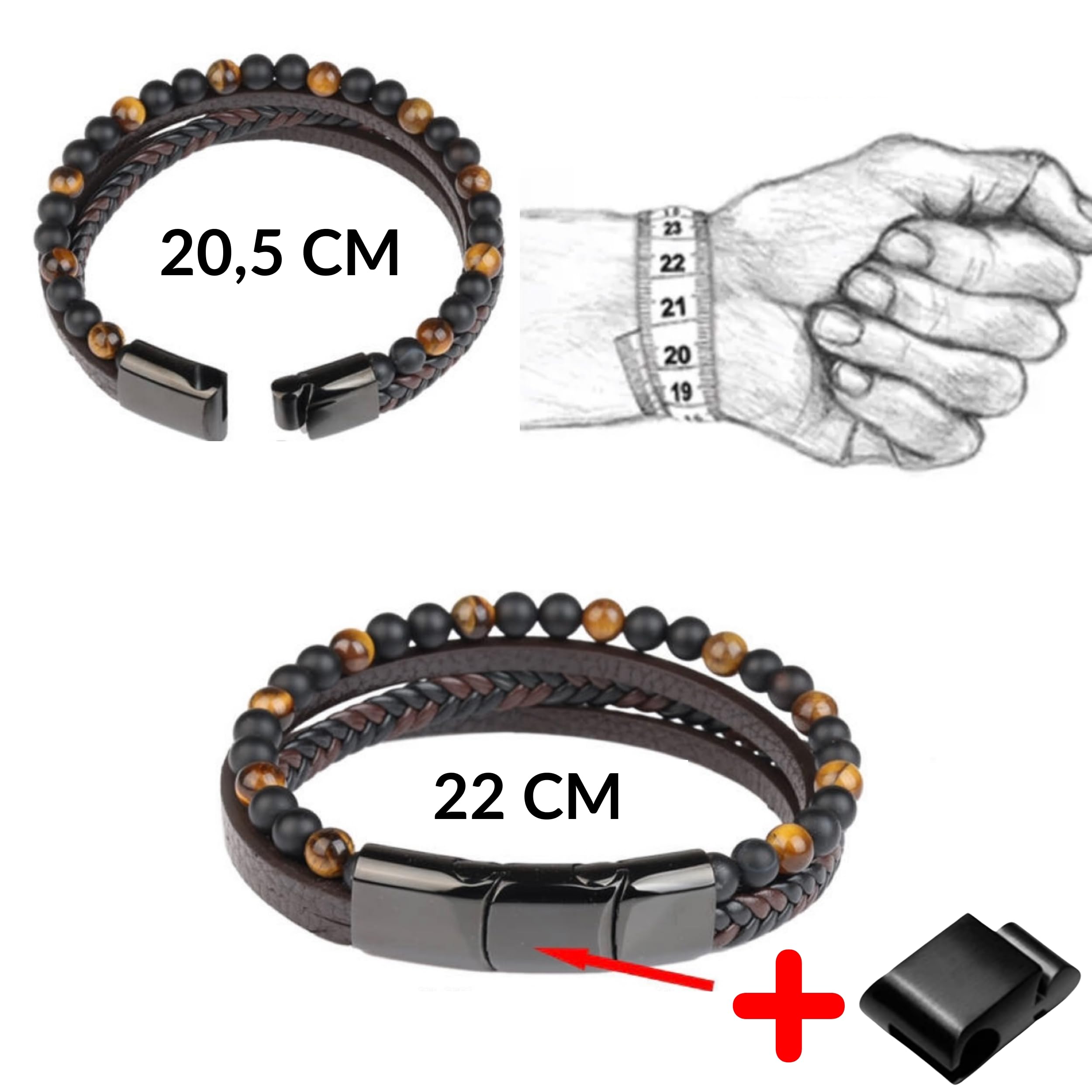Bracelet Pour Homme En Perles De Pierres Naturelles 6mm Et Cuir Véritable Multi Tissé Avec Fermoir Magnétique Amovible En Acier Inoxydable Pour Régler Facilement La Longueur.