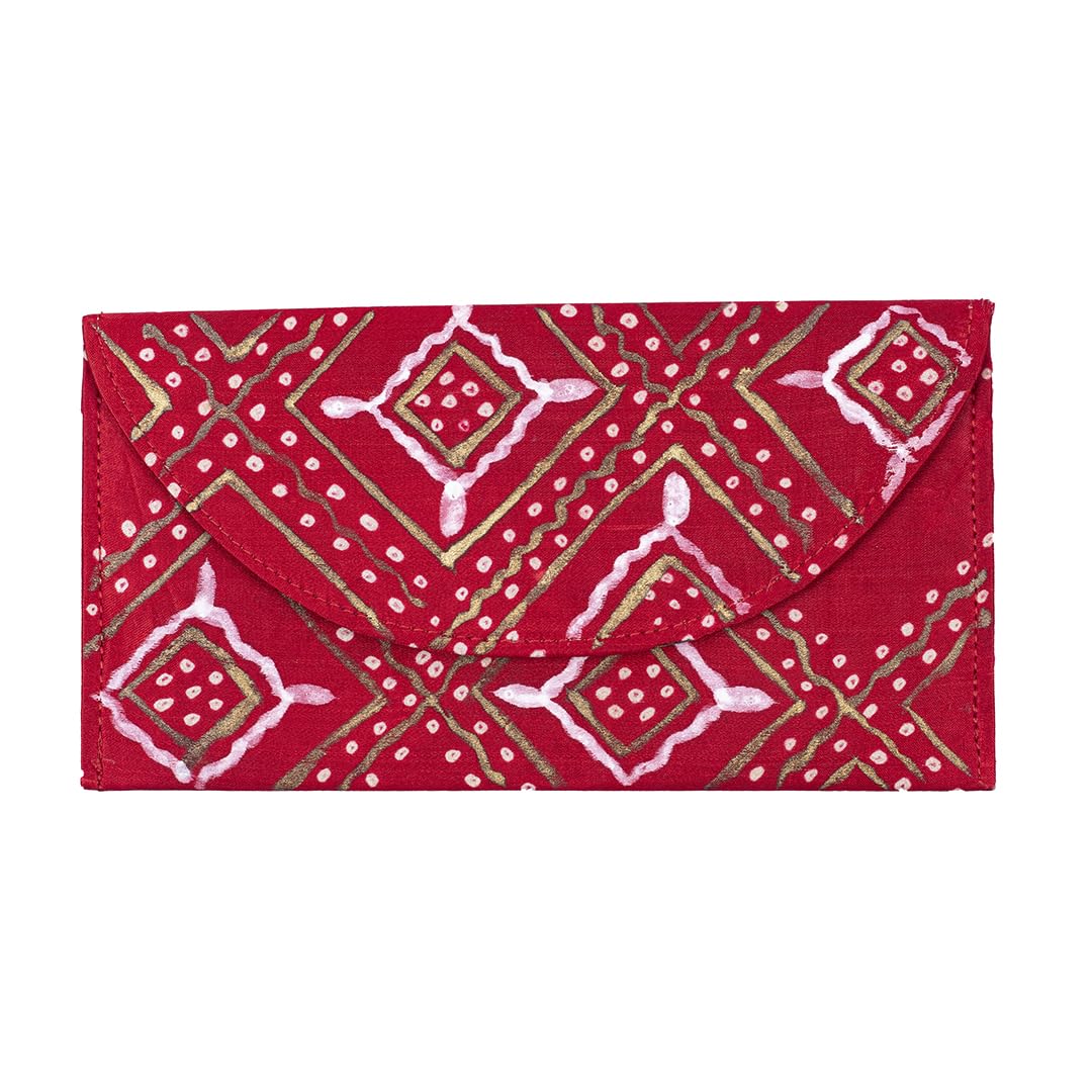 Red Silk Money Cover | Hand-Painted Geometric Cash Envelope for Weddings, Shagun & Festive Gifting - Reusable Traditional Fabric Envelope